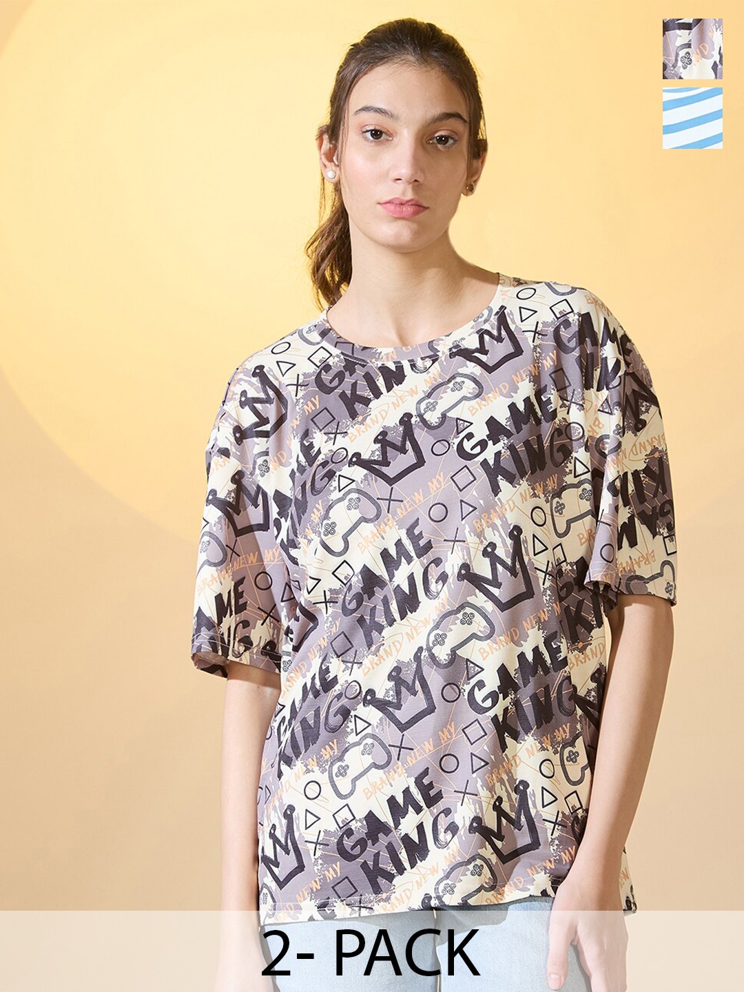 

DressBerry Pack Of 2 Women Round Neck Oversized T-shirt, Multi