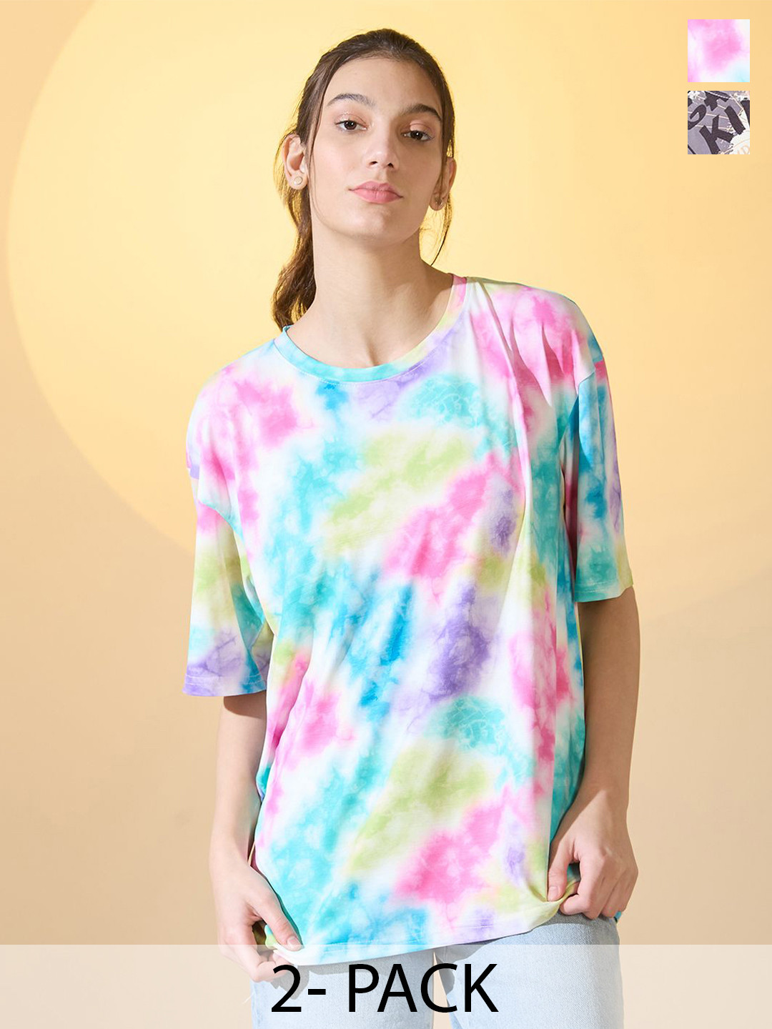 

DressBerry Pack Of 2 Women Round Neck Oversized T-shirt, Multi