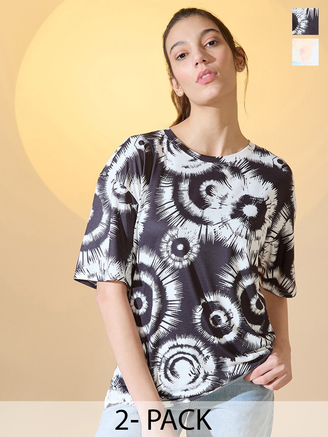 

DressBerry Pack Of 2 Women Round Neck Oversized T-shirt, Multi