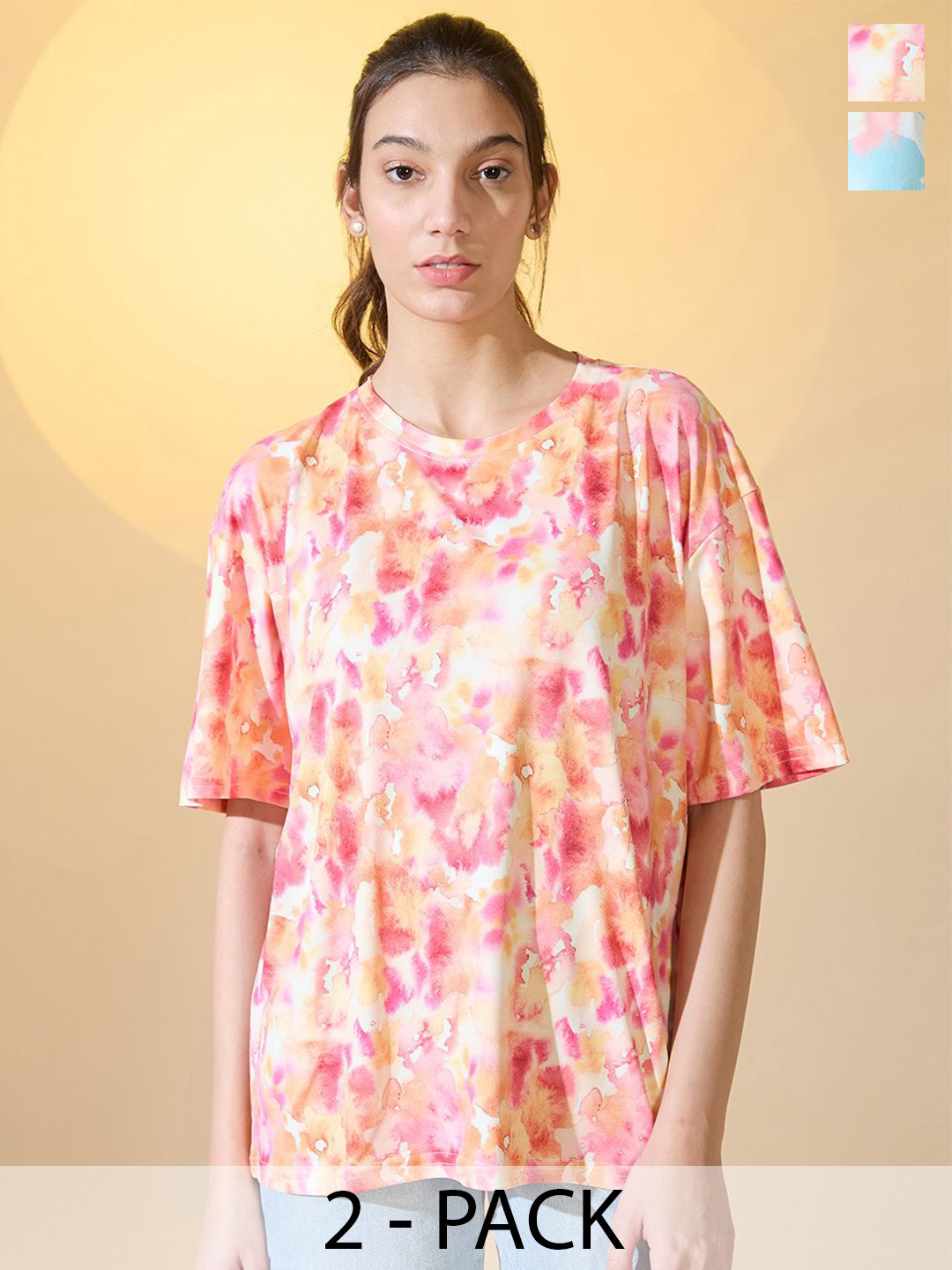 

DressBerry Pack Of 2 Women Round Neck Dyed Oversized T-shirt, Multi