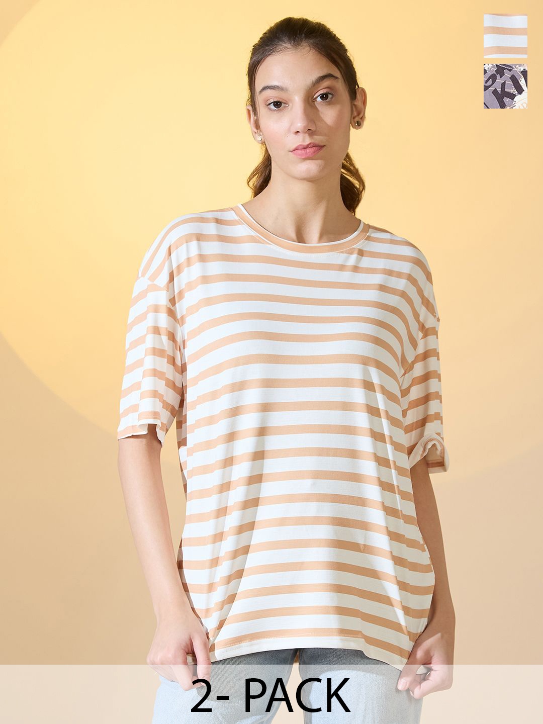 

DressBerry Pack Of 2 Women Round Neck Oversized T-shirt, Multi