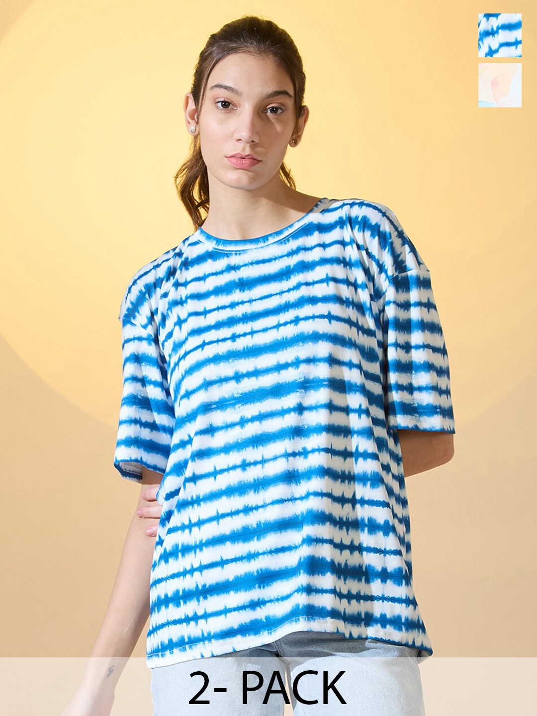 

DressBerry Pack Of 2 Women Round Neck Dyed Oversized T-shirt, Multi