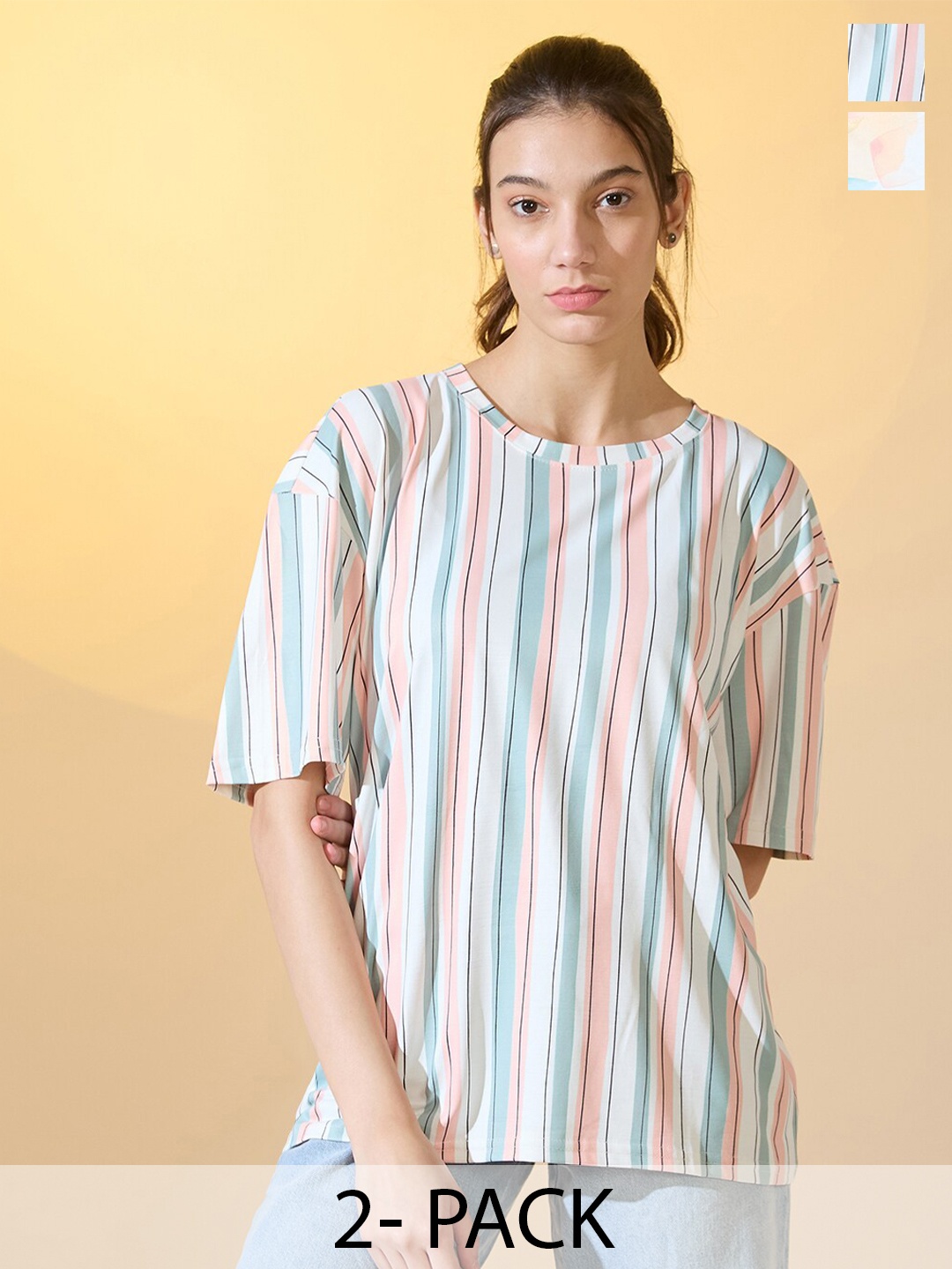 

DressBerry Pack Of 2 Women Dyed Round Neck Oversized T-shirt, White