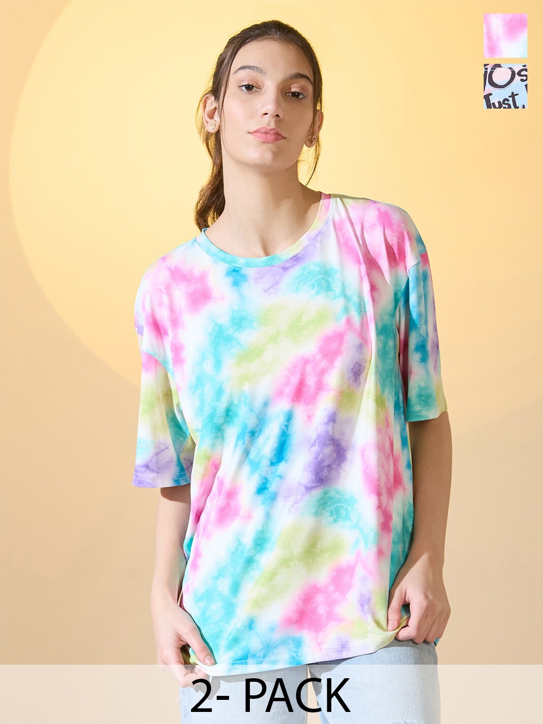 

DressBerry Pack Of 2 Women Round Neck Oversized T-shirt, Multi