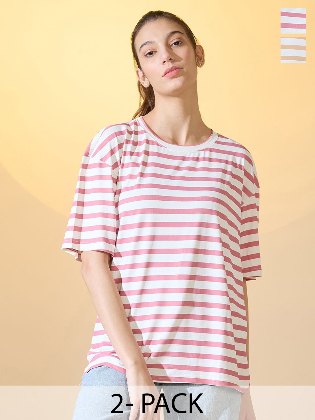 

DressBerry Pack Of 2 Women Round Neck Striped Oversized T-shirt, Multi