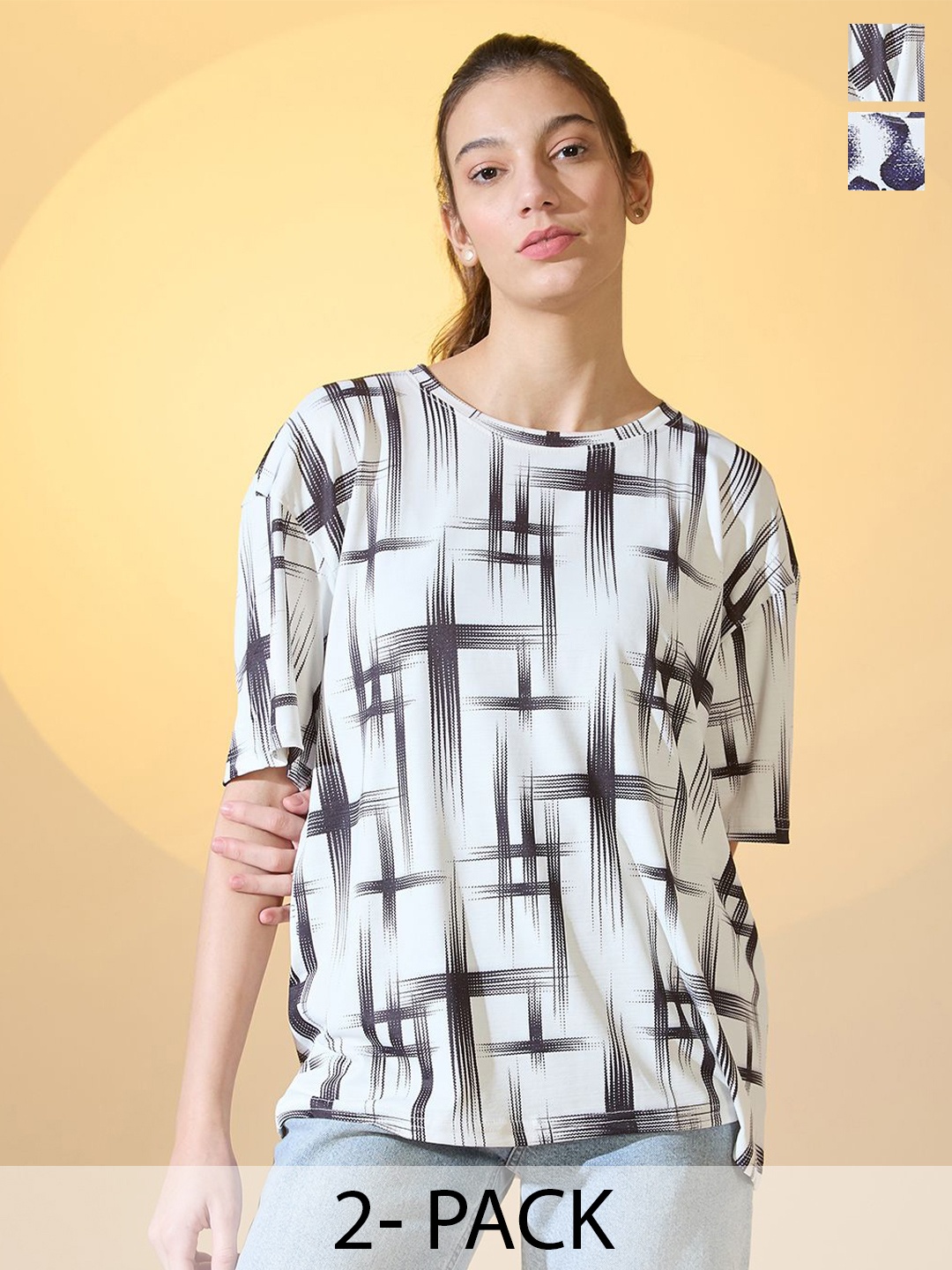 

DressBerry Women Pack Of 2 Abstract Print Oversized T-shirt, White