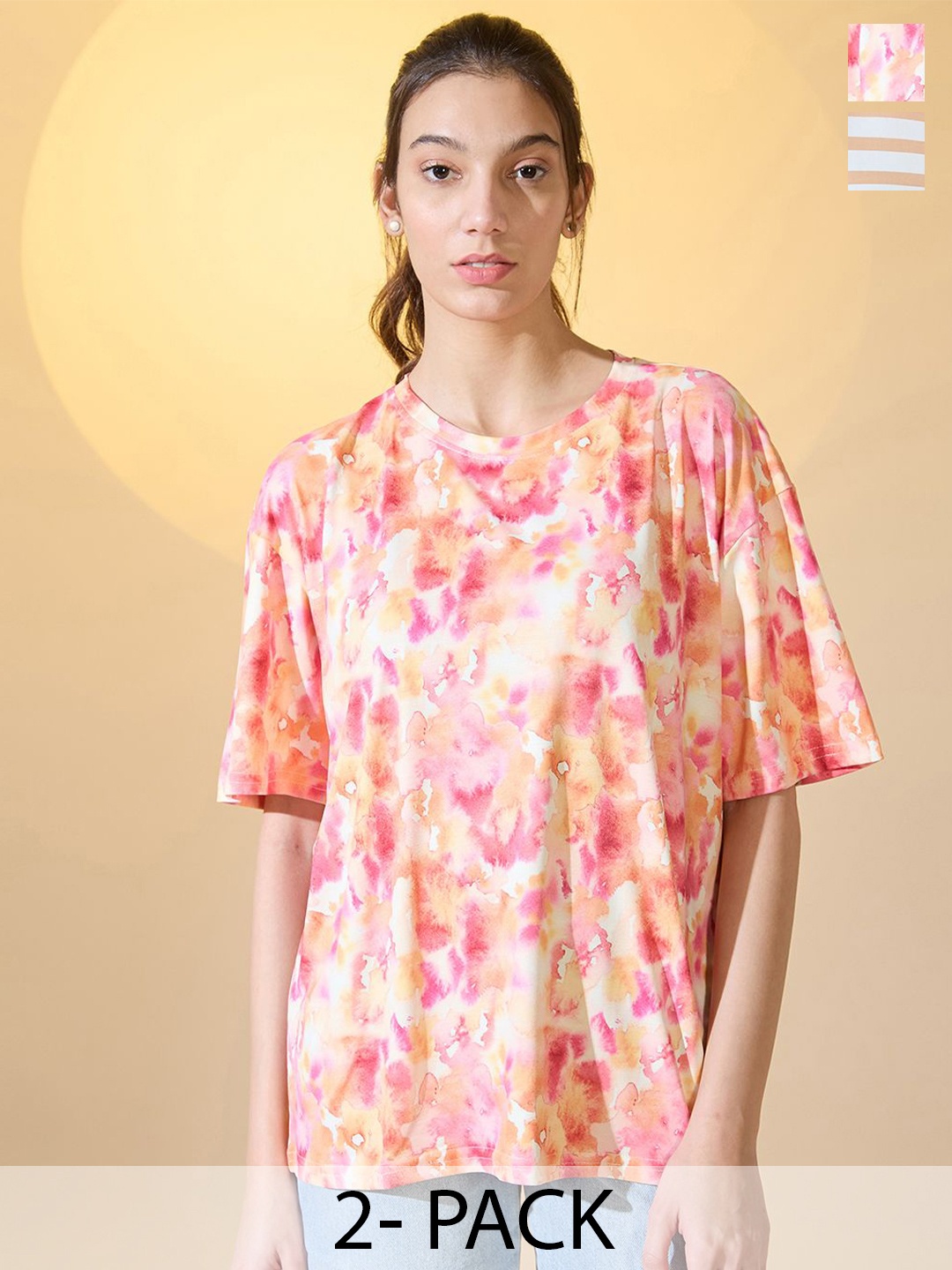 

DressBerry Women Pack Of 2 Abstract Print Oversized T-shirt, White