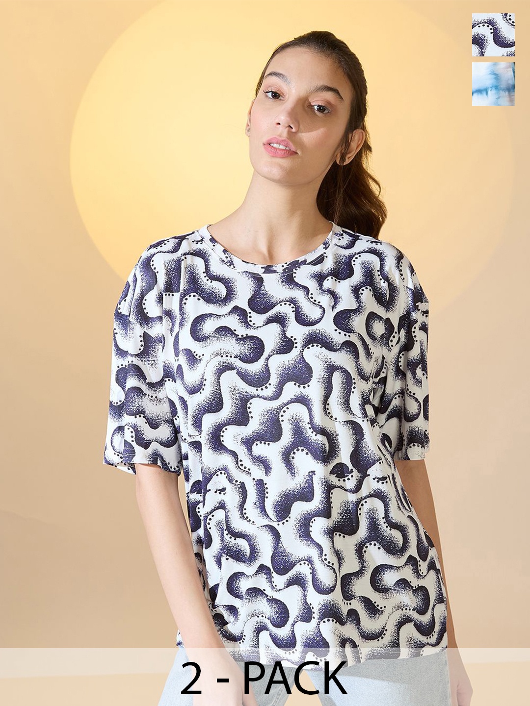 

DressBerry Women Pack Of 2 Abstract Print Oversized T-shirt, White