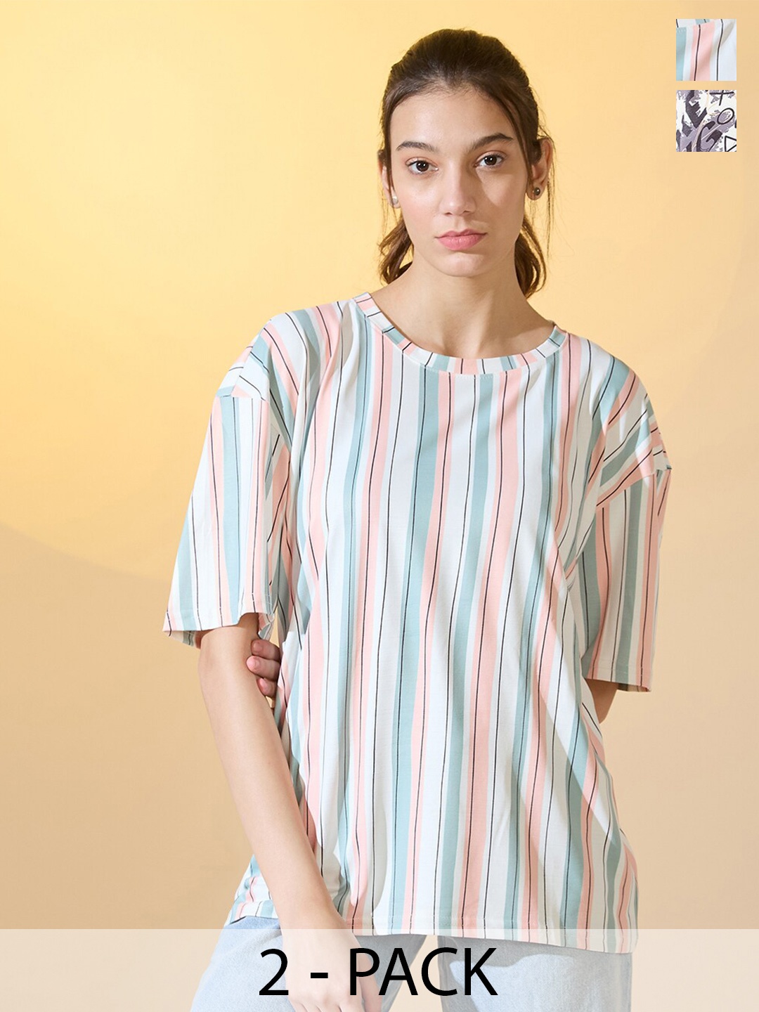 

DressBerry Women Pack Of 2 Round Neck Printed Oversized T-shirts, Multi