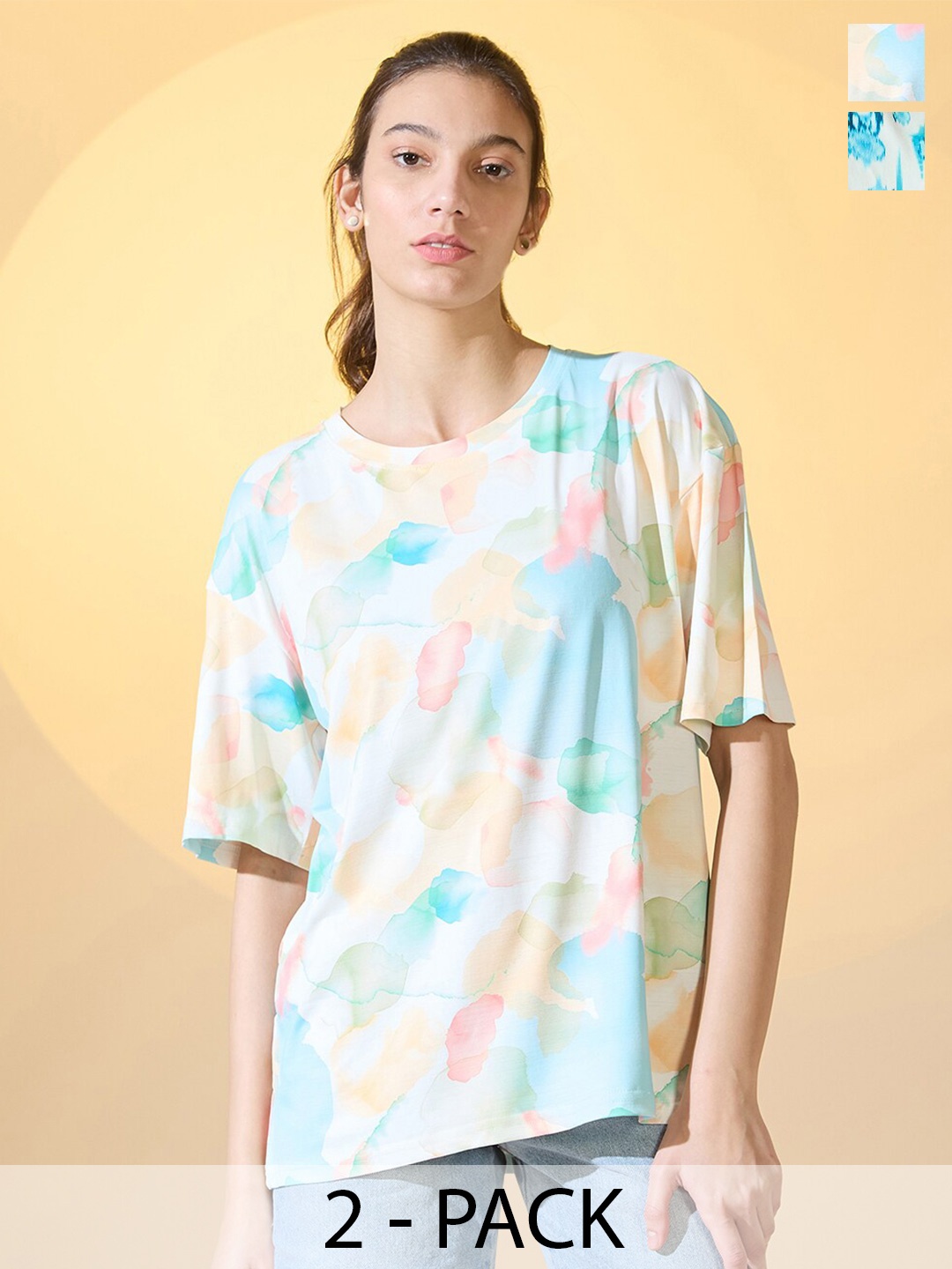 

DressBerry Women Pack Of 2 Tie And Dye Round Neck Oversized T-shirt, White