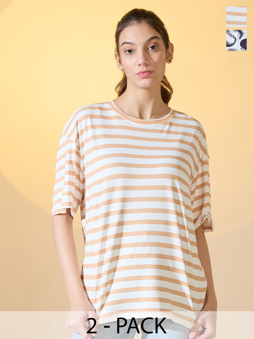 

DressBerry Women Pack Of 2 Drop-Shoulder Sleeves Oversized T-shirt, White