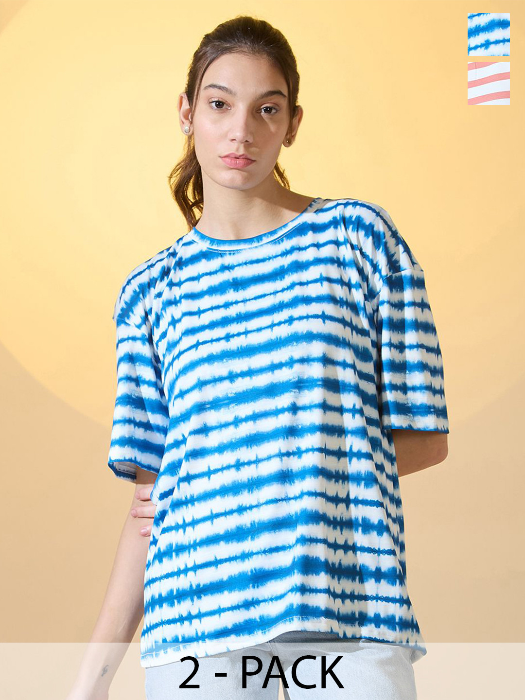 

DressBerry Women Pack Of 2 Drop-Shoulder Sleeves Oversized T-shirt, Multi