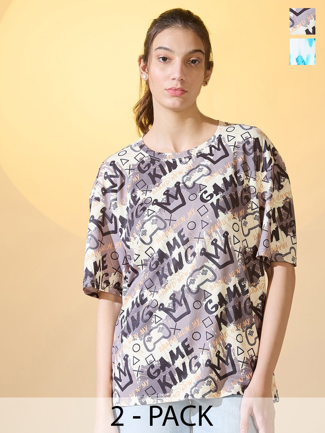 

DressBerry Women Pack Of 2 Round Neck Printed Oversized T-shirts, Multi