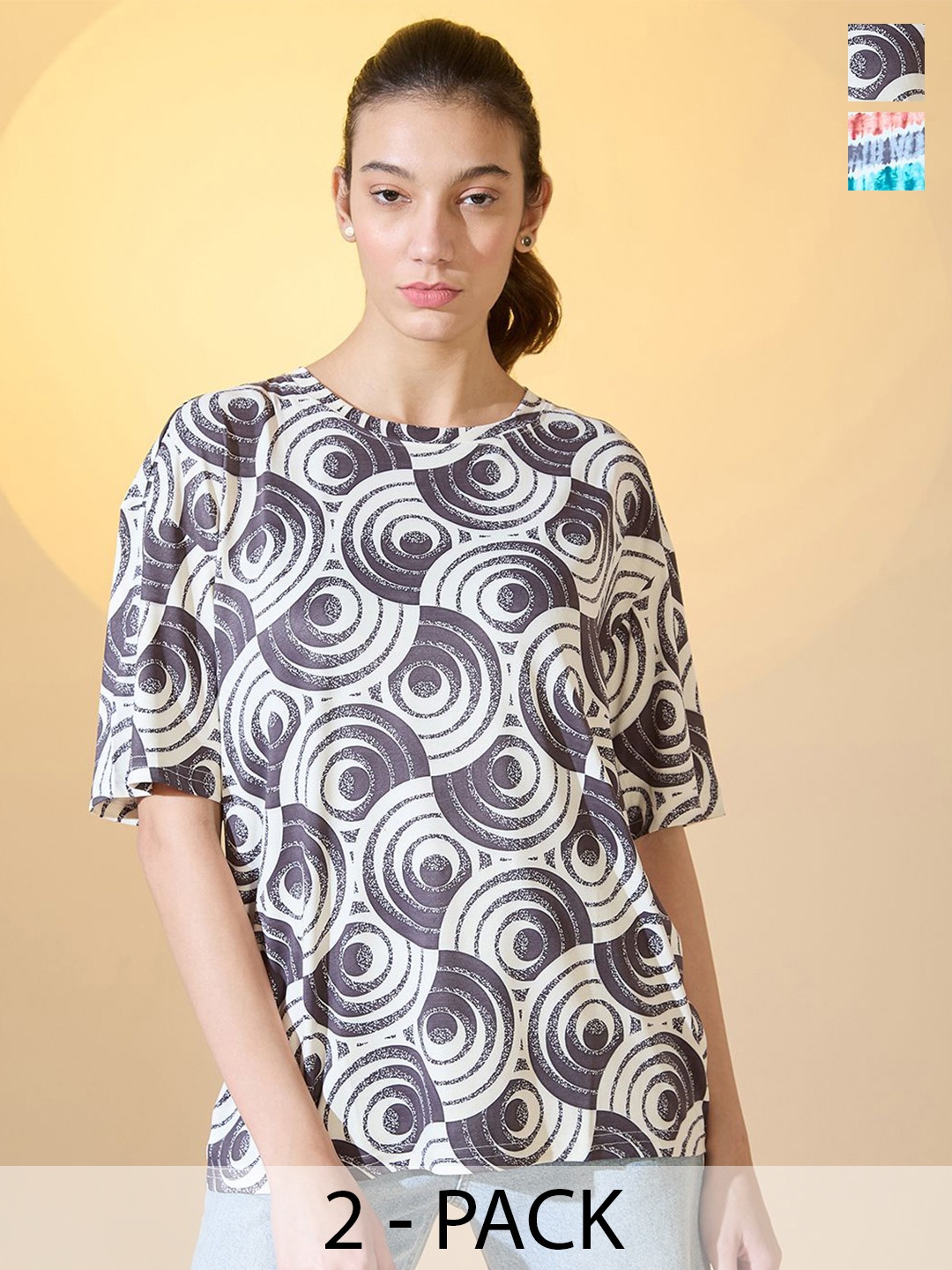 

DressBerry Women Pack Of 2 Abstract Printed Round Neck Oversized T-shirt, Black