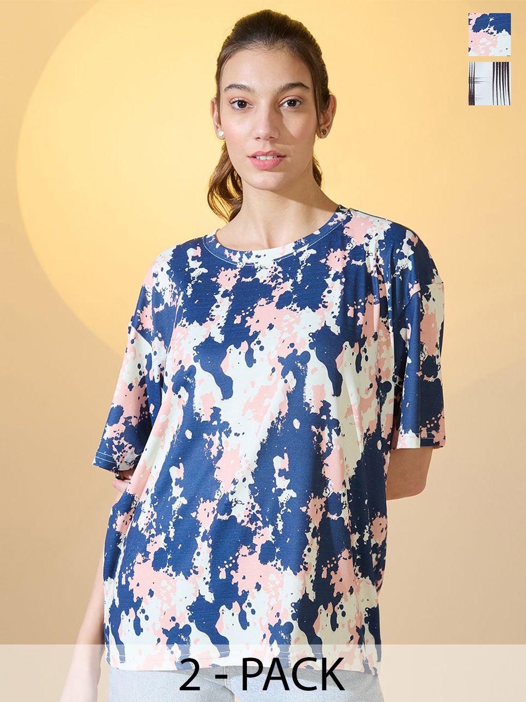 

DressBerry Women Pack Of 2 Printed Round Neck Oversized T-shirt, Black