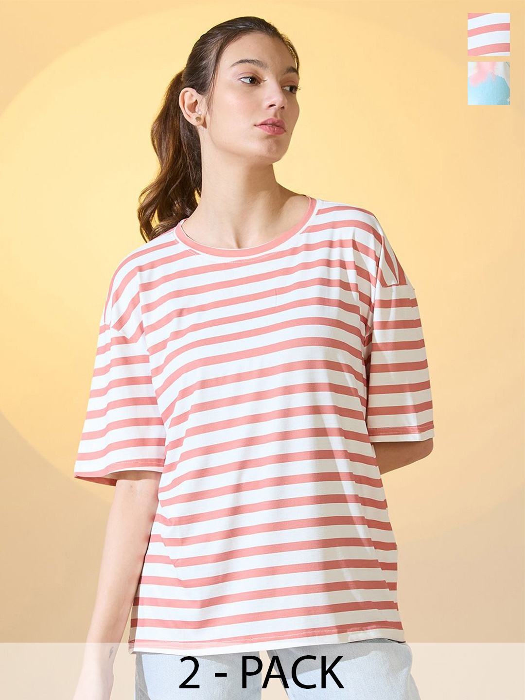 

DressBerry Women 2 Striped Printed Tie And Die Oversize T-shirt, White
