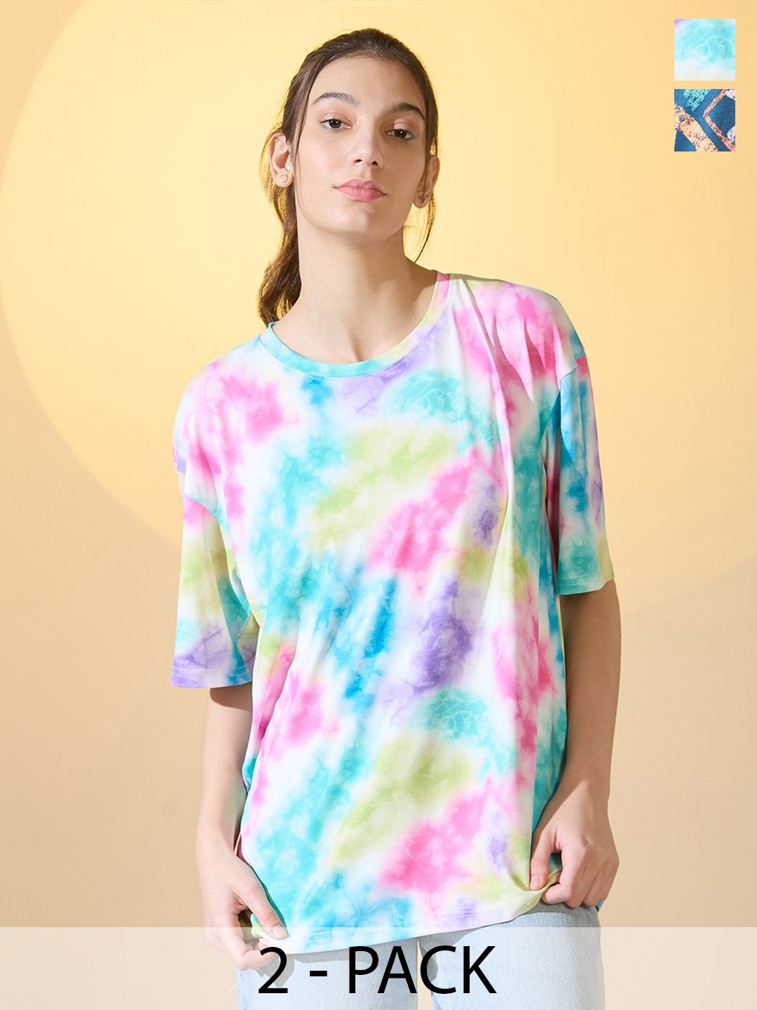 

DressBerry Women Pack Of 2 Dyed Round Neck Oversized T-shirt, Multi