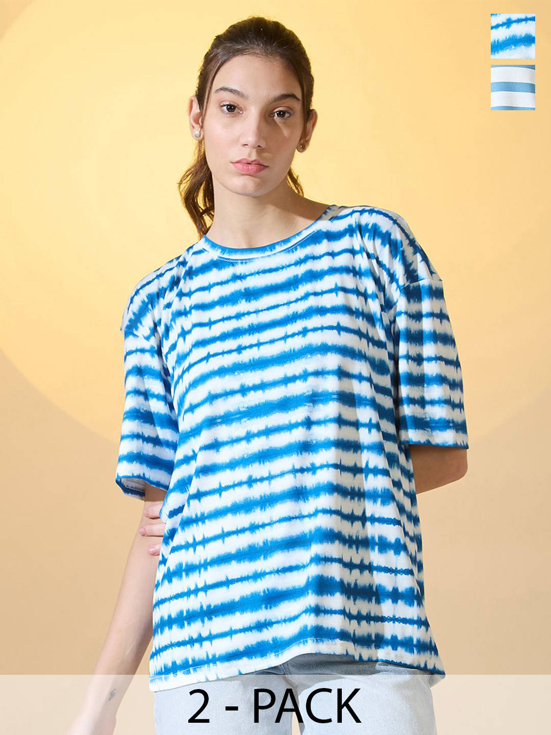 

DressBerry Women Pack of 2 Striped Printed Round Neck Oversize T-shirt, White