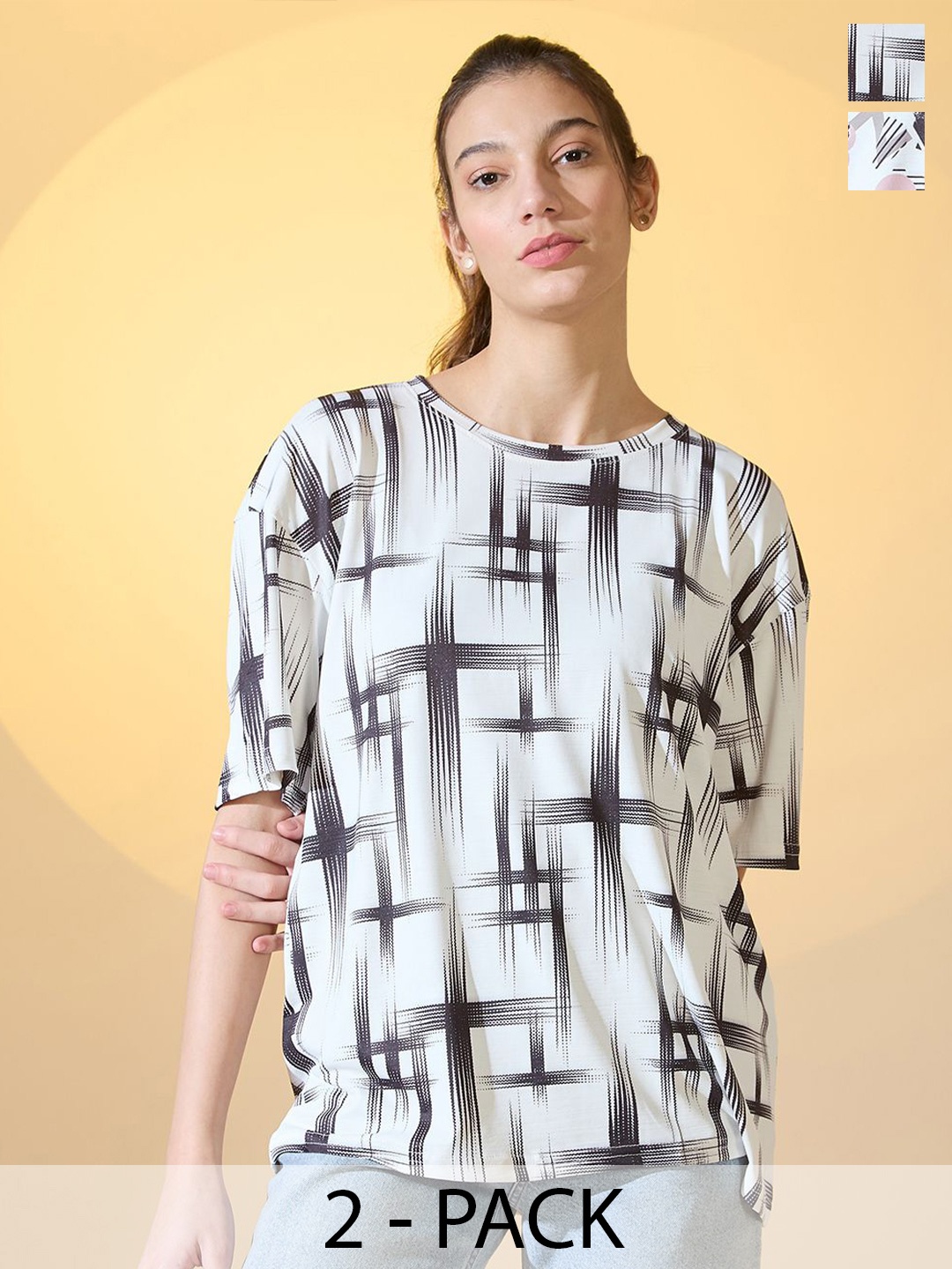 

DressBerry Women Pack Of 2 Abstract Printed Round Neck Oversize T-shirt, Multi
