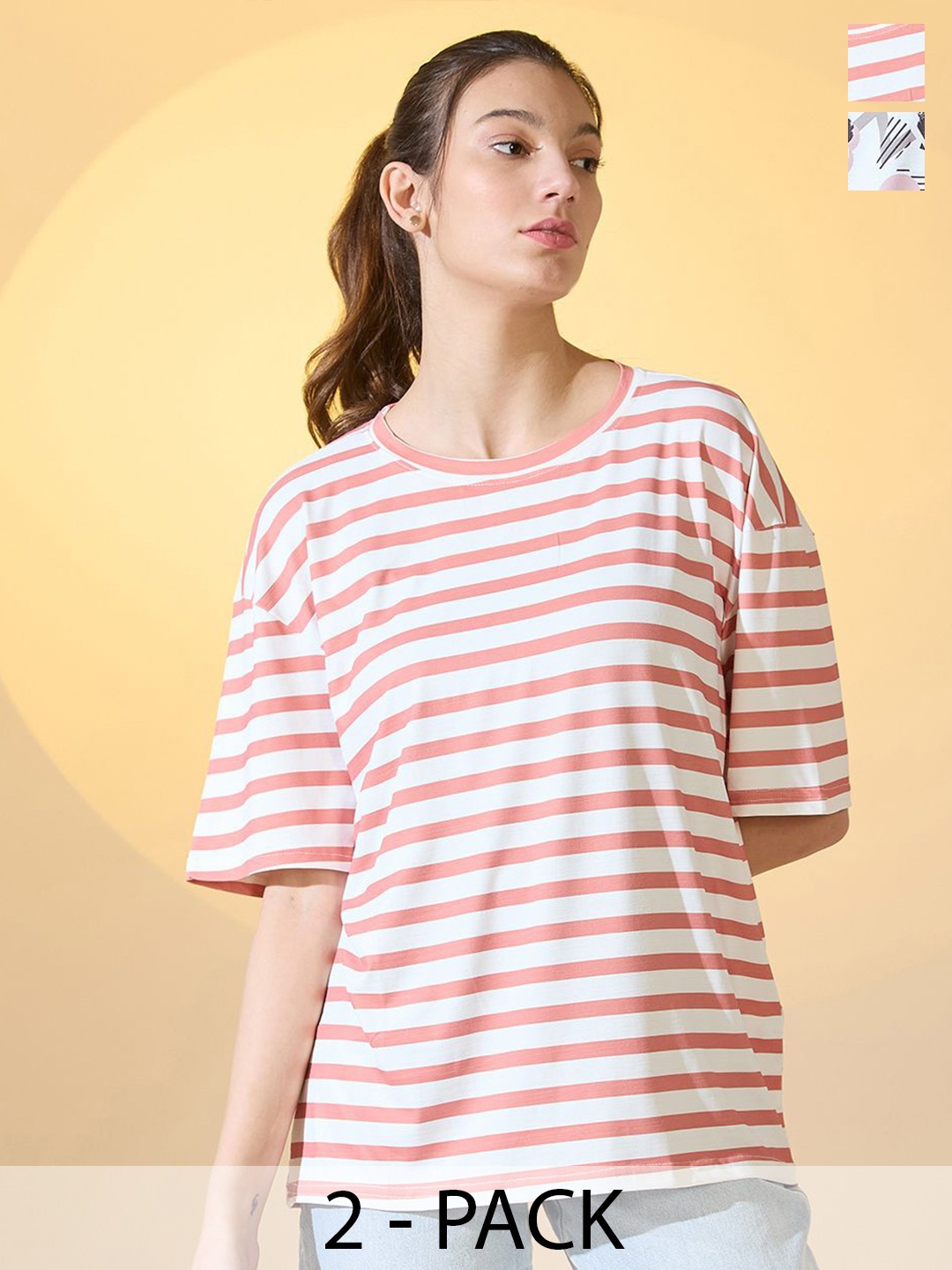 

DressBerry Pack Of 2 Women Printed Drop-Shoulder Sleeves Oversized T-shirt, Multi