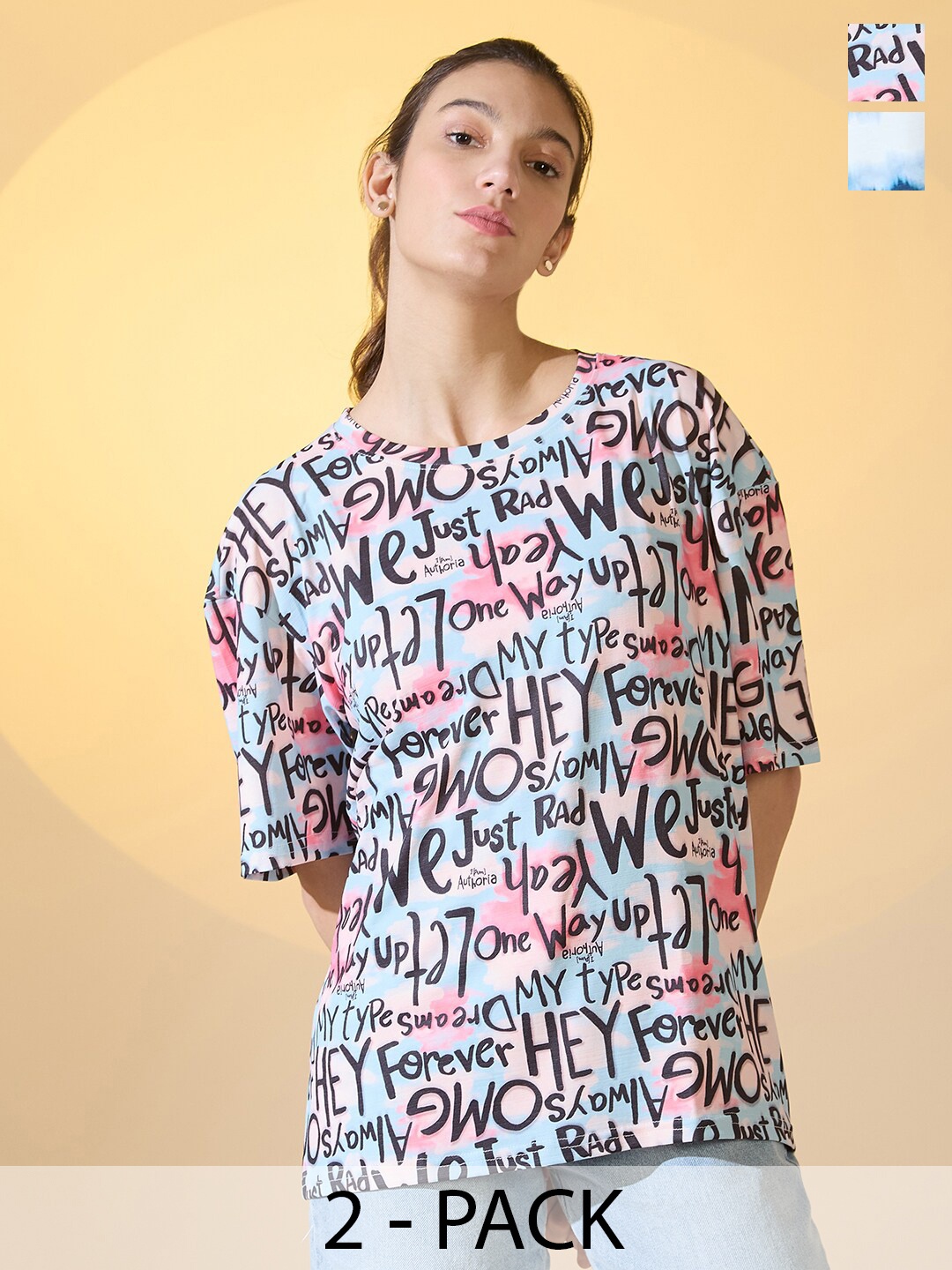 

DressBerry Pack Of 2 Women Printed Oversized Longline T-shirt, Multi