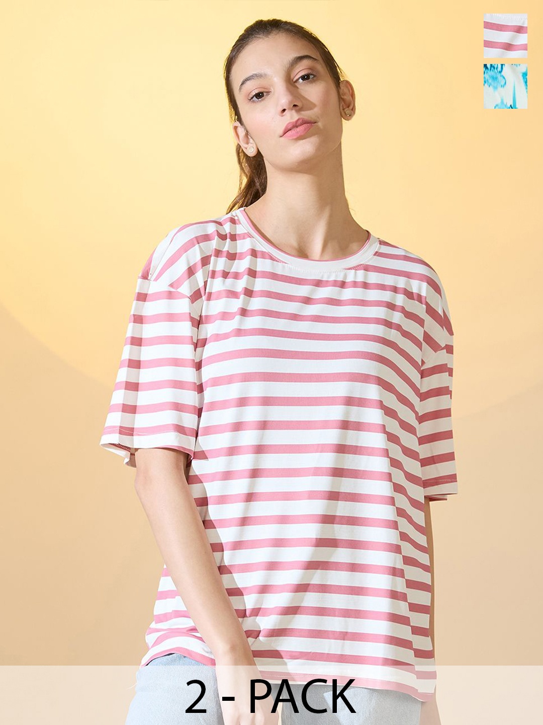 

DressBerry Pack Of 2 Women Printed Oversized T-shirt, White