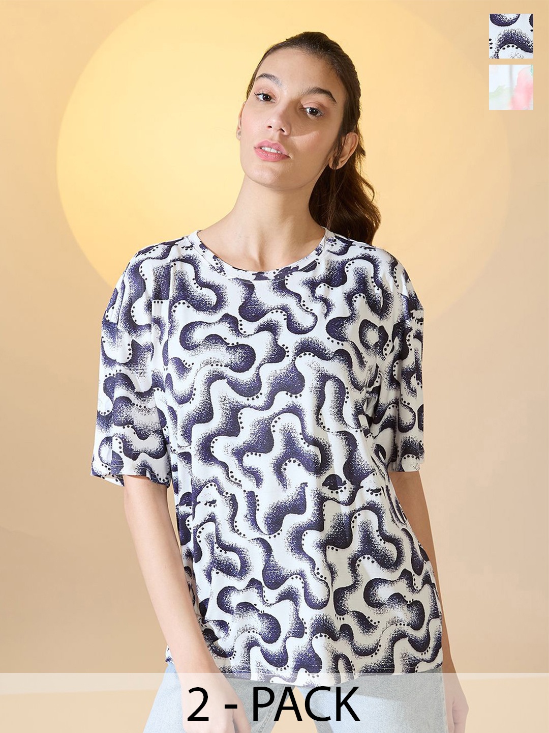 

DressBerry Pack Of 2 Women Printed Oversized T-shirt, Multi