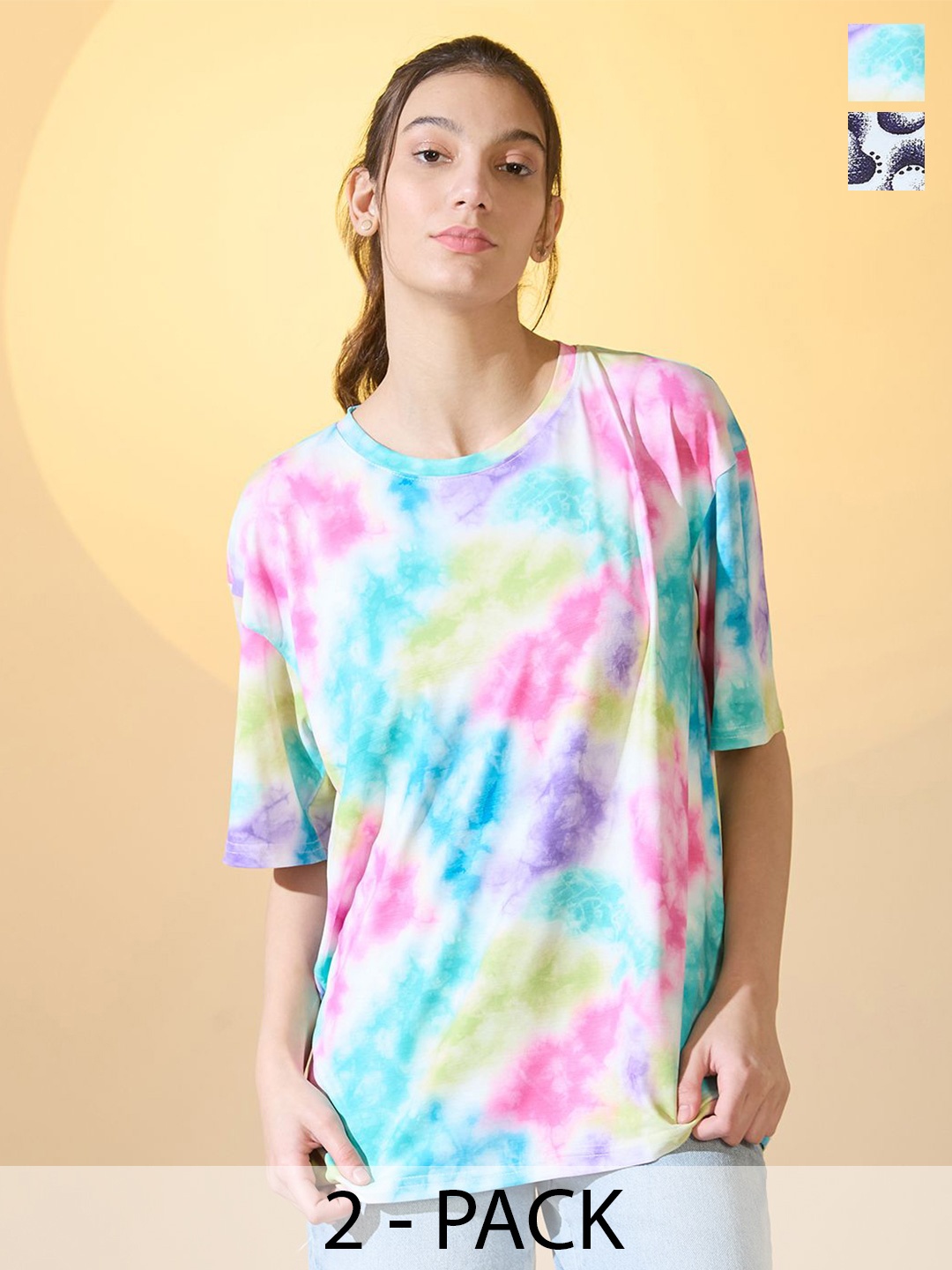 

DressBerry Pack Of 2 Women Printed Oversized T-shirt, Multi