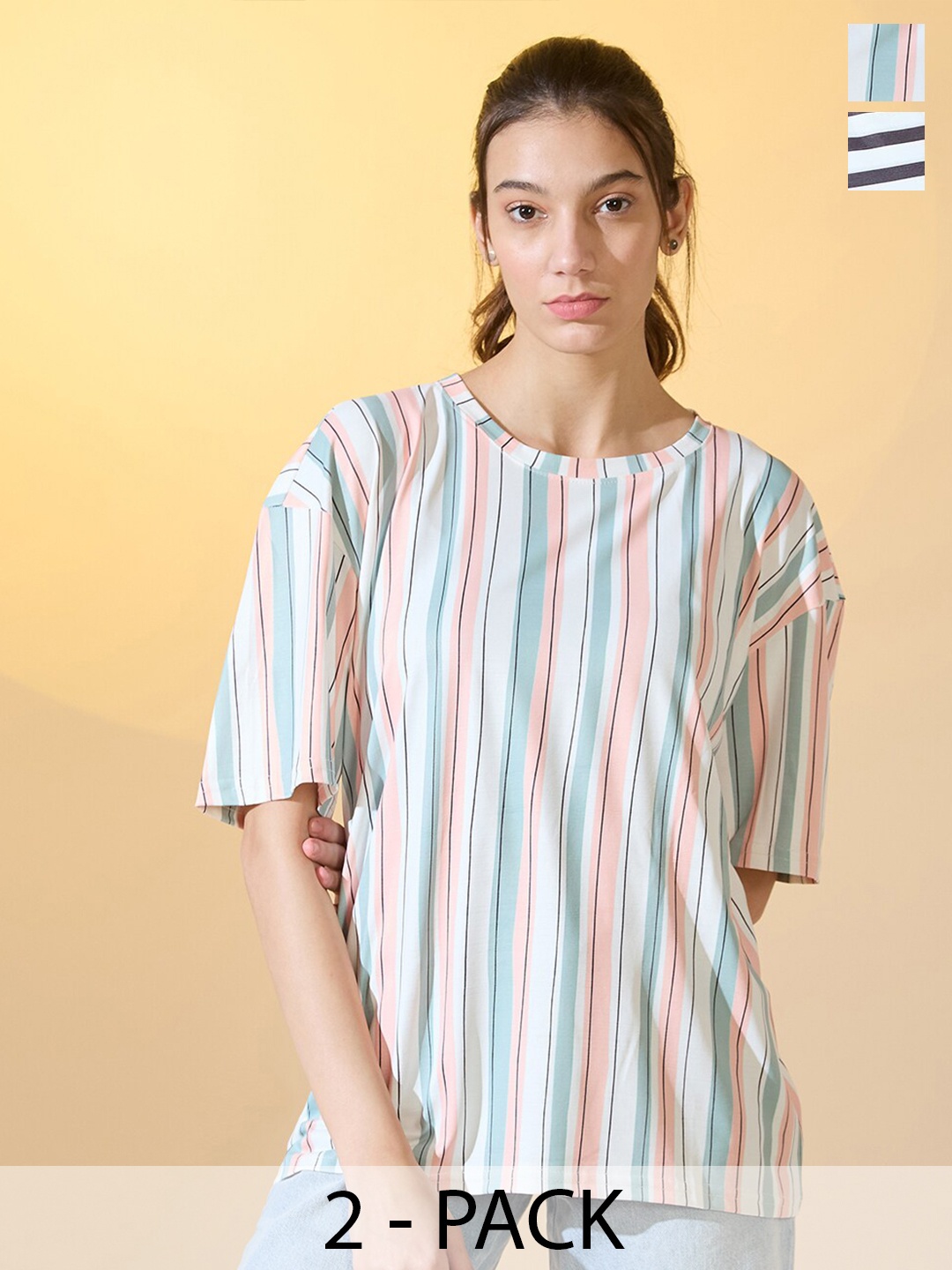 

DressBerry Pack Of 2 Women Printed Oversized T-shirt, Multi