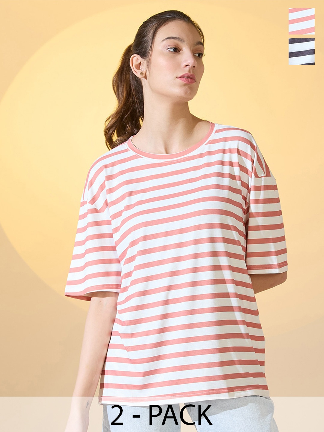 

DressBerry Women Pack Of 2 Striped Round Neck Oversized T-shirts, White