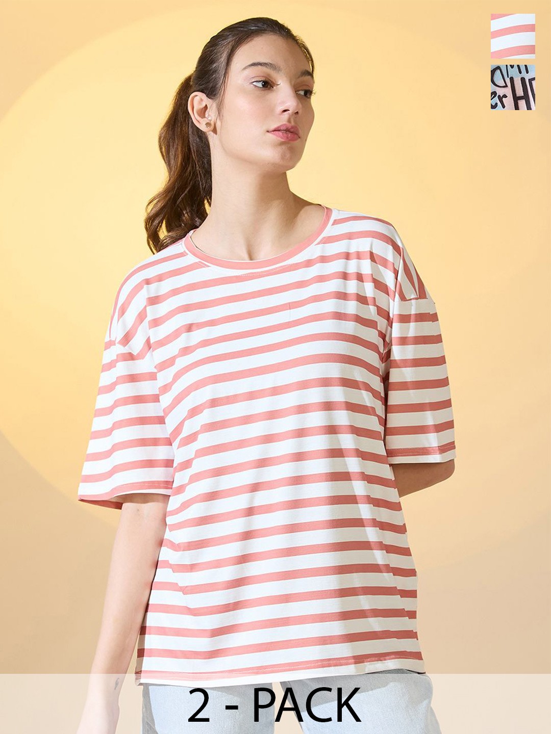 

DressBerry Women Pack Of 2 Printed Round Neck Oversized T-shirts, Peach