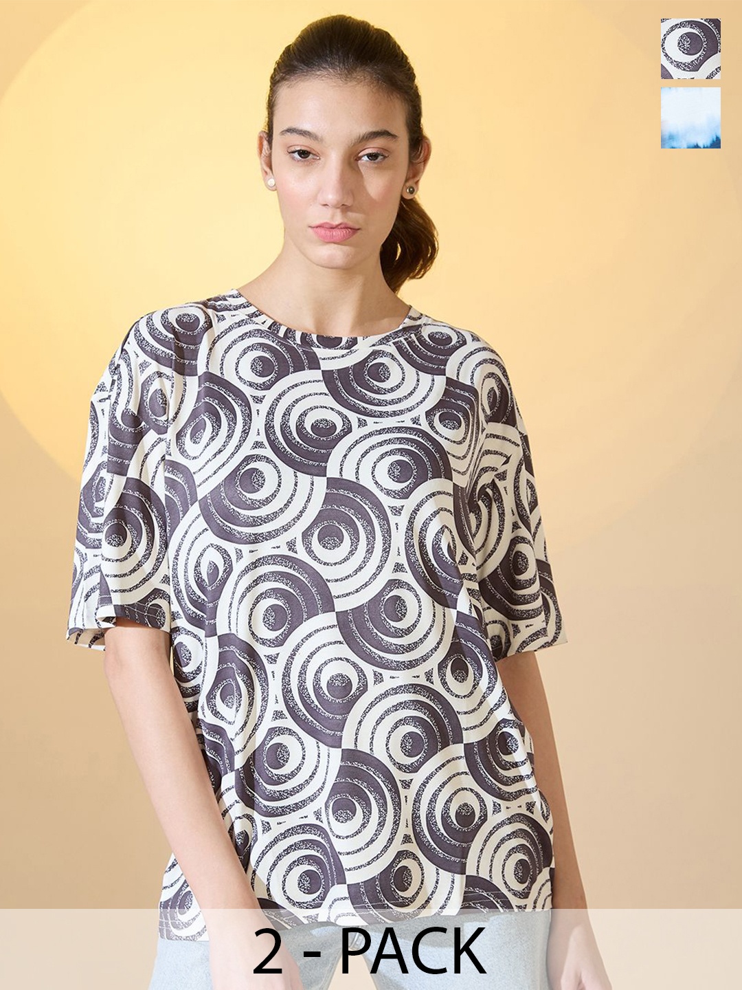 

DressBerry Women Pack Of 2 Printed Round Neck Oversized T-shirts, Black