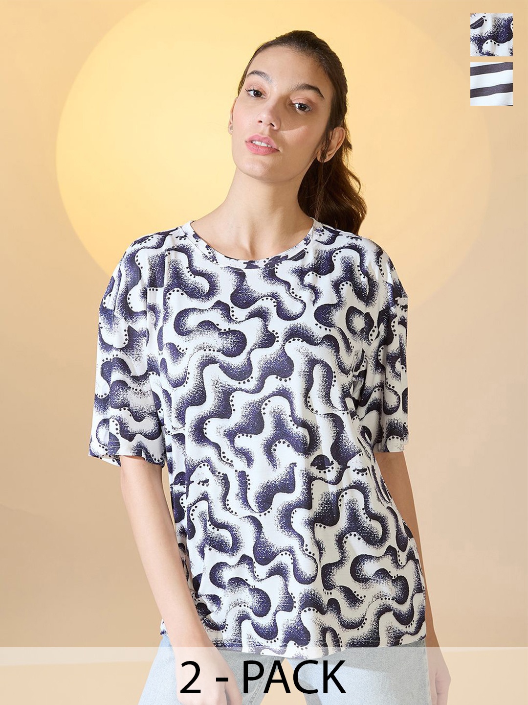 

DressBerry Women Pack Of 2 Printed Round Neck Oversized T-shirts, Multi