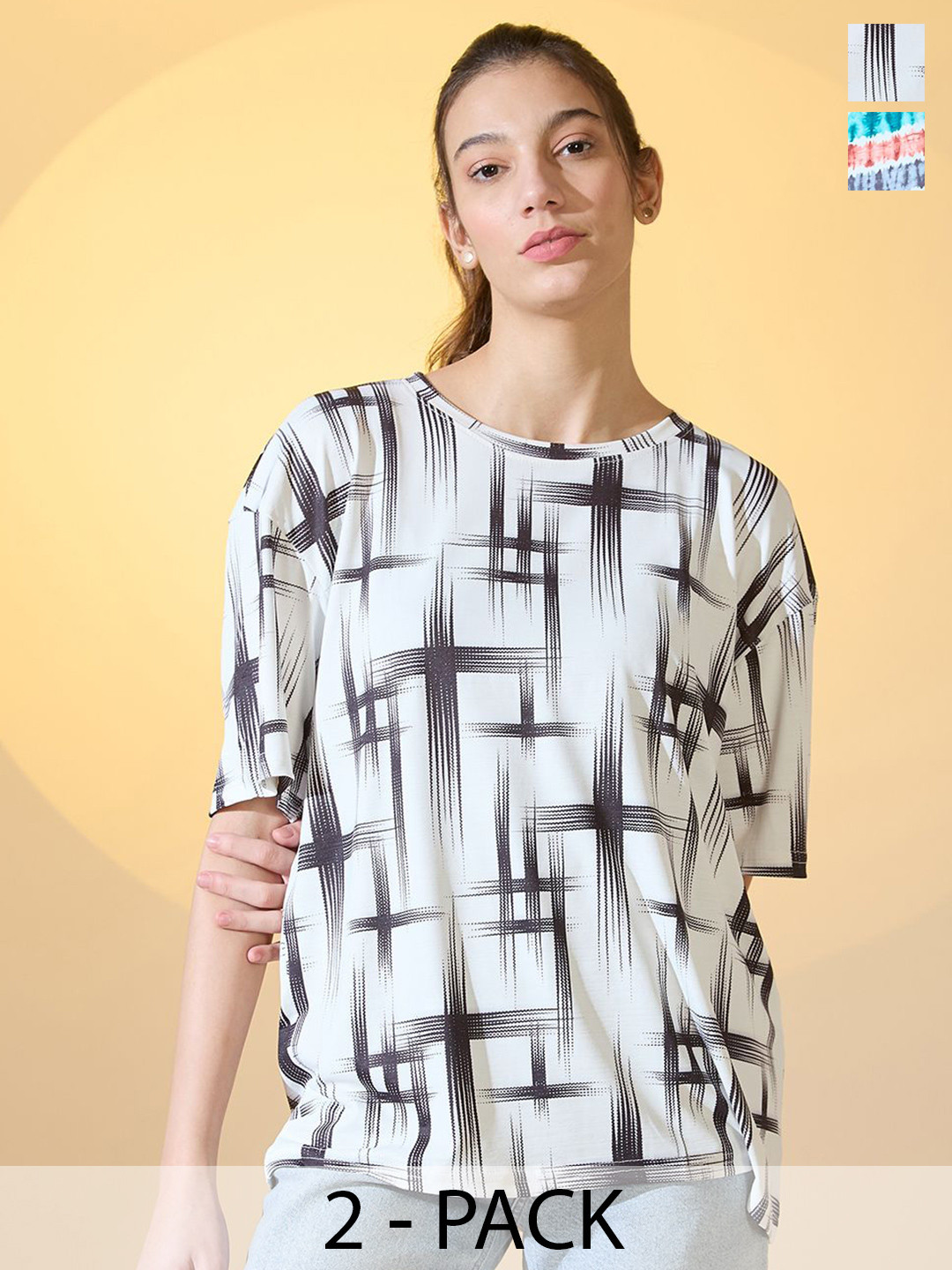 

DressBerry Women Pack Of 2 Printed Round Neck Oversized T-shirts, Multi