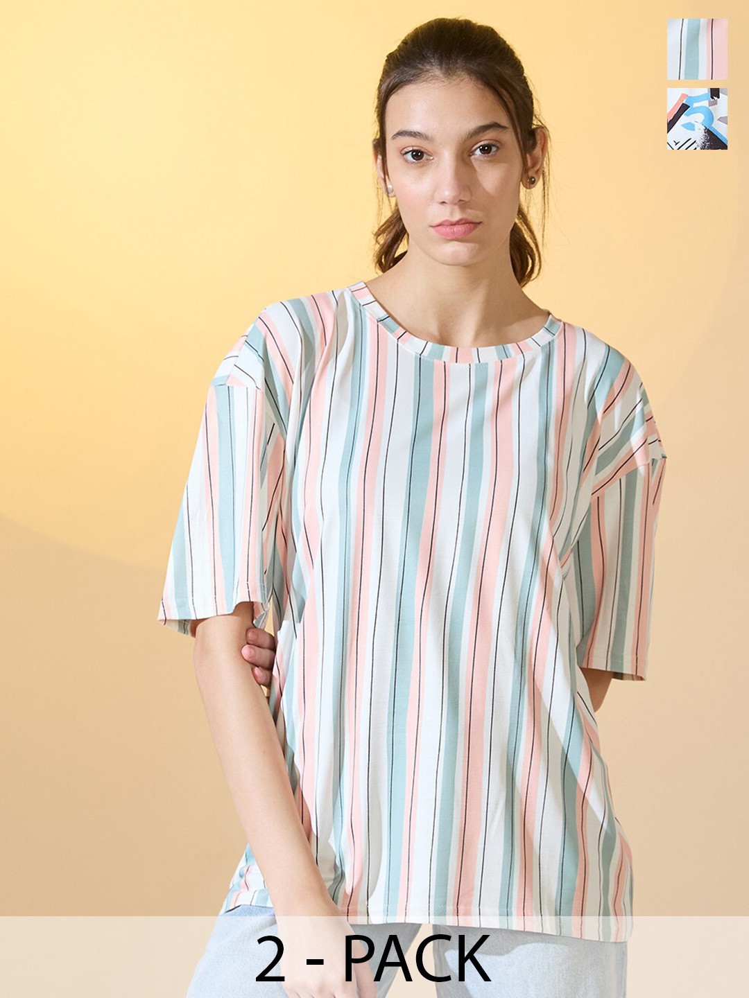 

DressBerry Women Pack Of 2 Printed Round Neck Oversized T-shirts, Multi