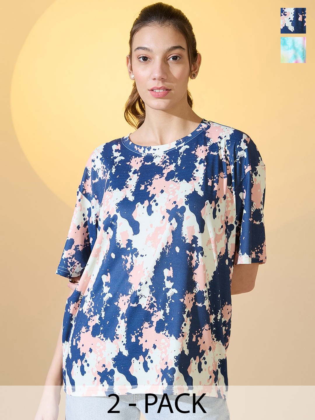 

DressBerry Women Pack Of 2 Printed Round Neck Oversized T-shirts, Blue