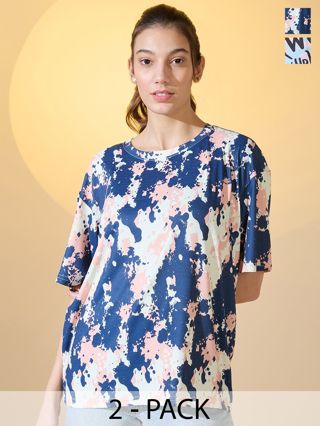 

DressBerry Women Pack Of 2 Printed Round Neck Oversized T-shirts, Multi