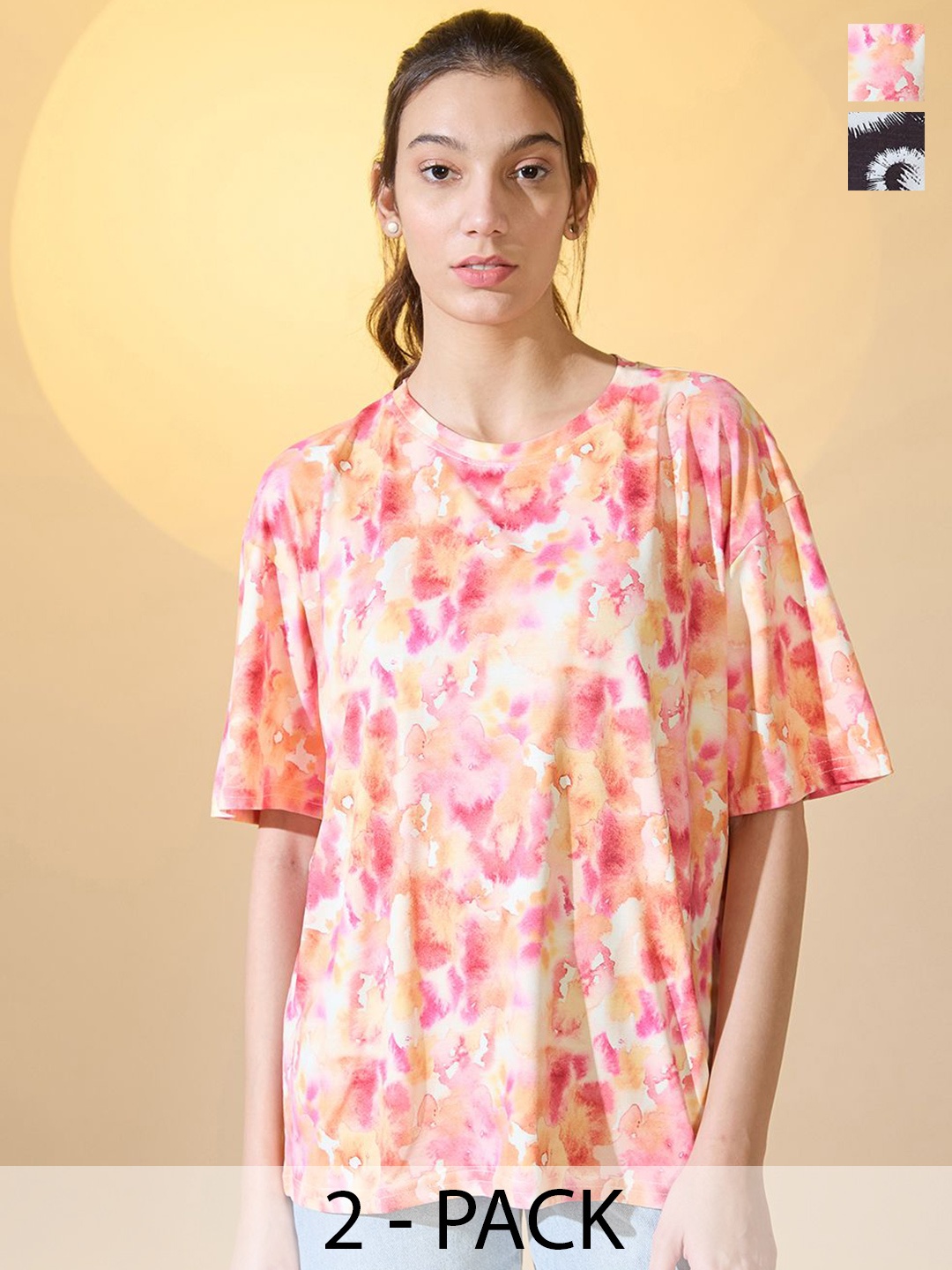 

DressBerry Women Pack Of 2 Printed Round Neck Oversized T-shirts, Black