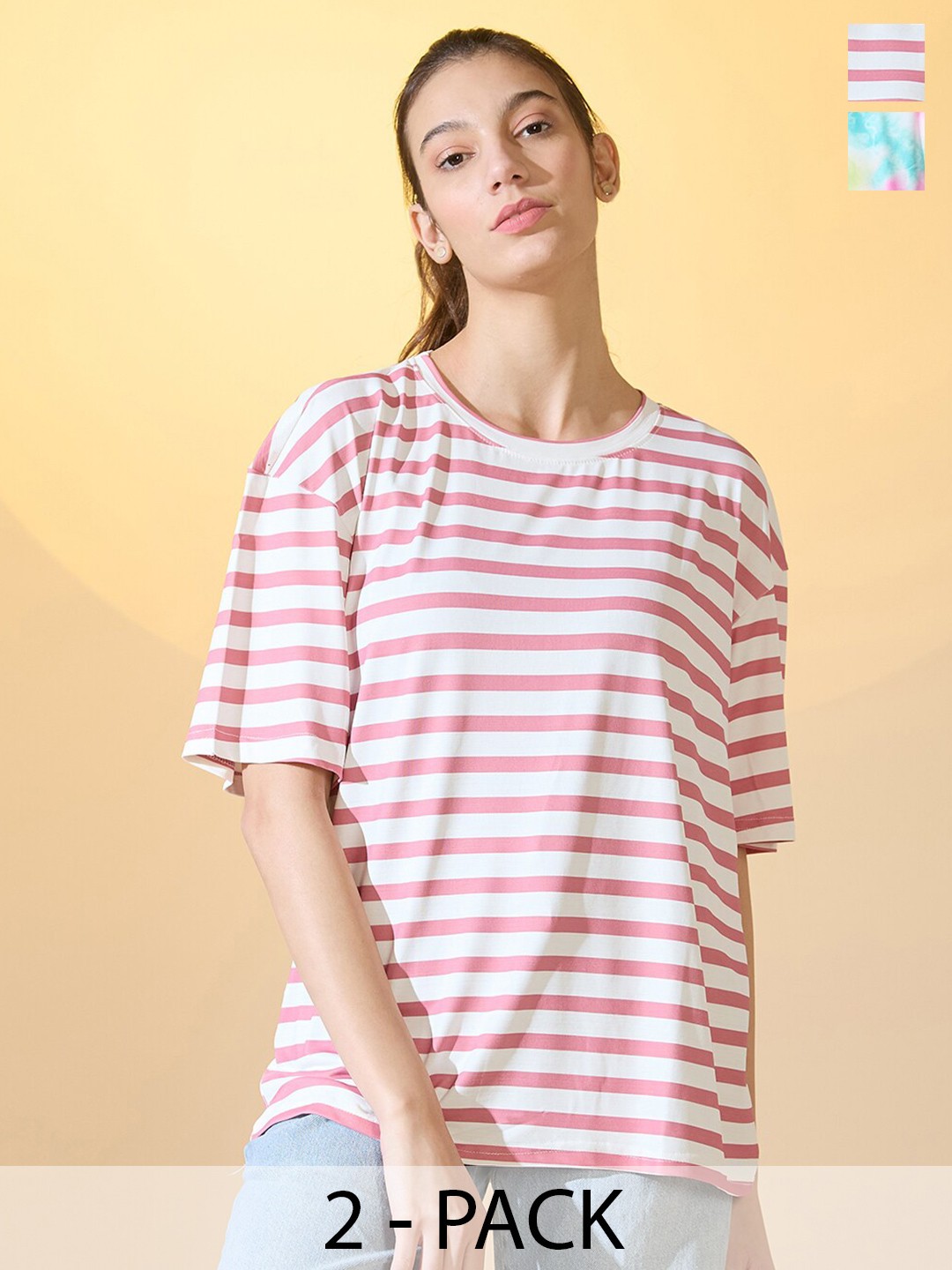 

DressBerry Women Pack Of 2 Printed Round Neck Oversized T-shirts, Multi