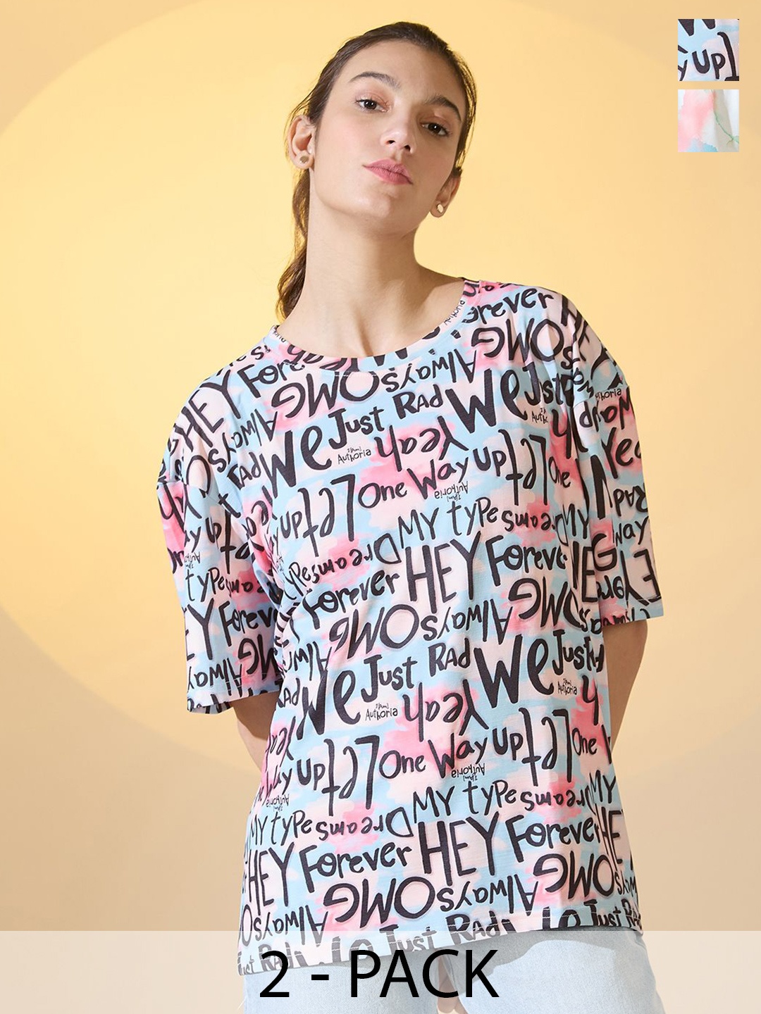 

DressBerry Women Pack Of 2 Printed Round Neck Oversized T-shirts, Multi