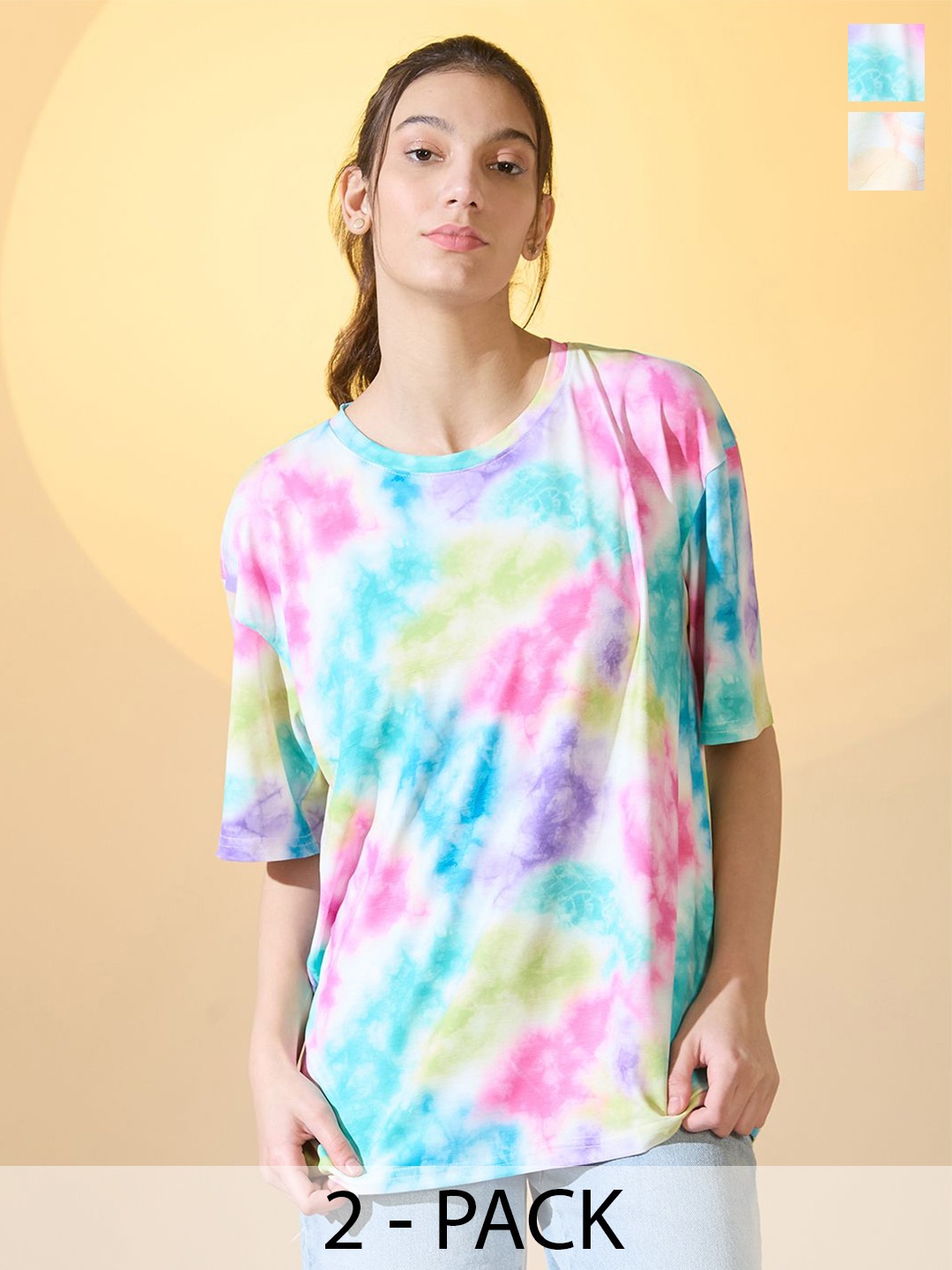 

DressBerry Women Pack Of 2 Printed Oversized T-shirts, Multi