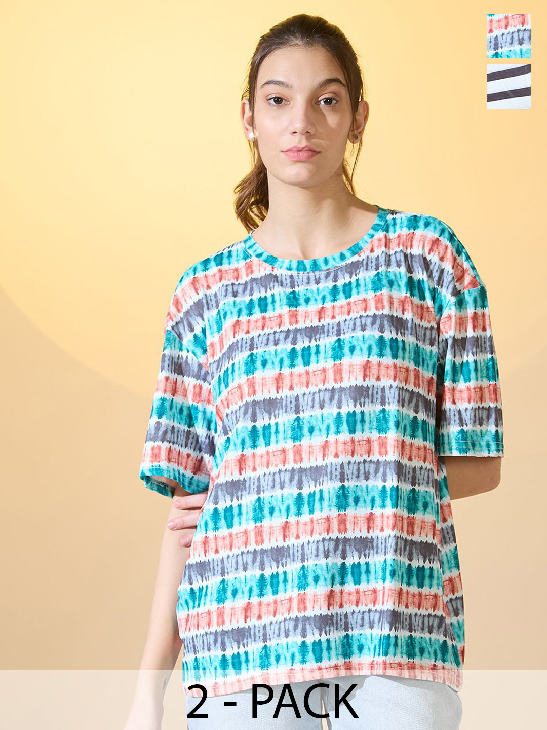 

DressBerry Women Pack Of 2 Printed Oversized T-shirts, Multi