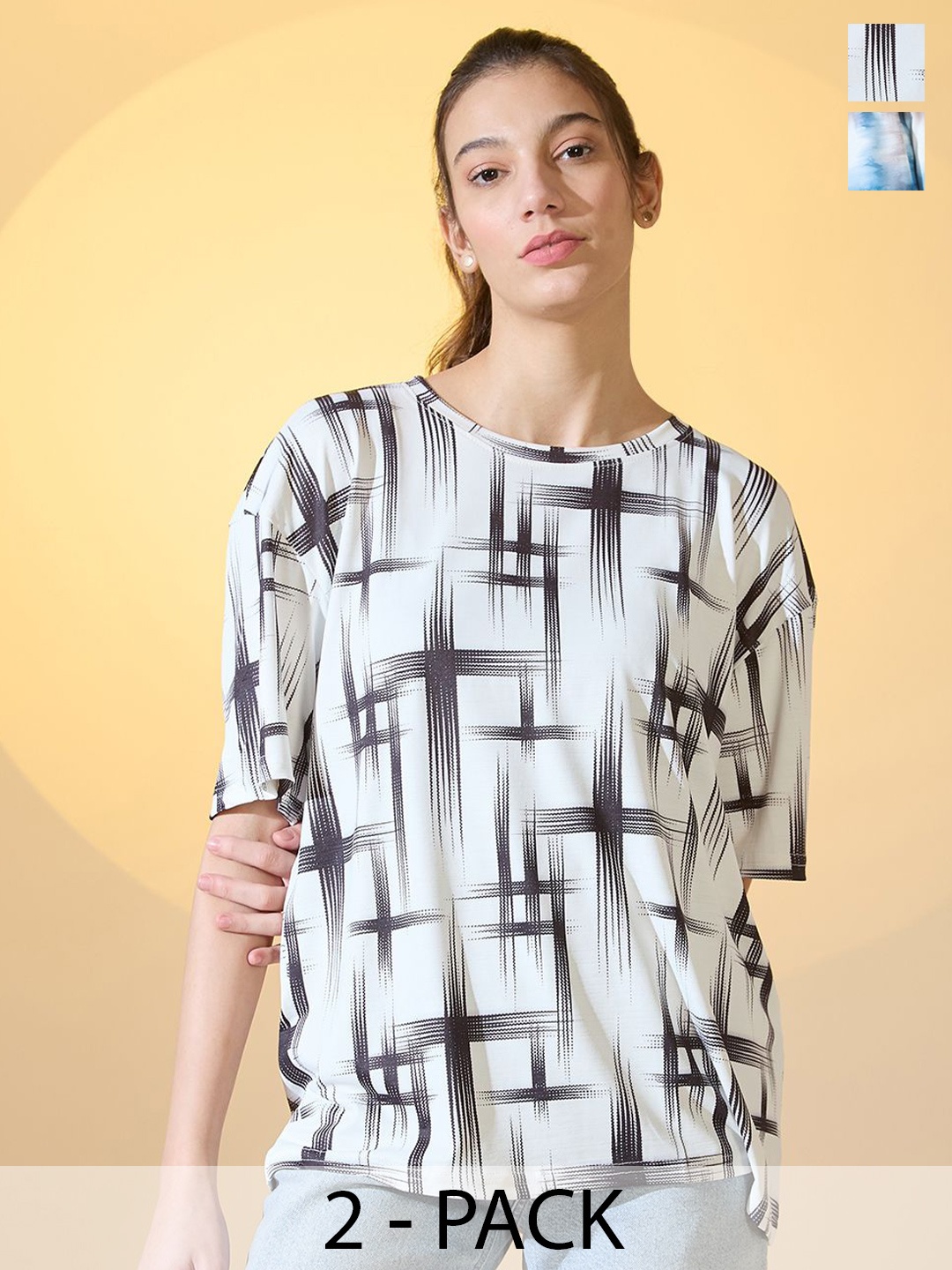 

DressBerry Women Pack Of 2 Abstract Printed Oversized T-shirt, Off white