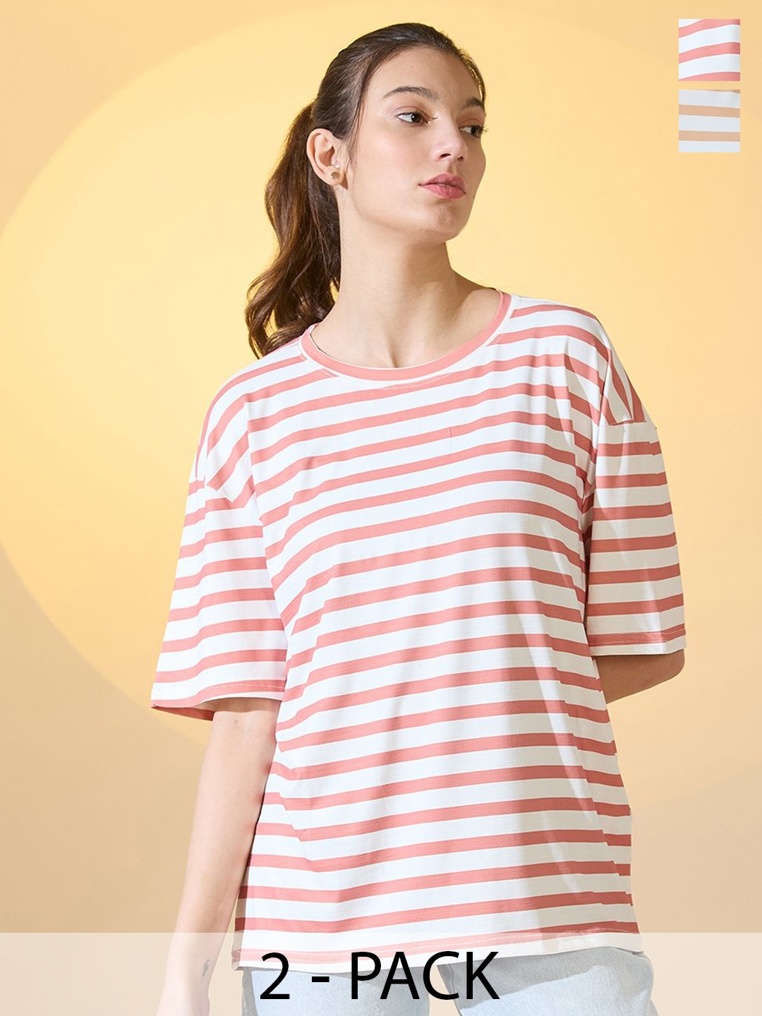 

DressBerry Women Pack Of 2 Striped Printed Oversized T-shirt, Multi