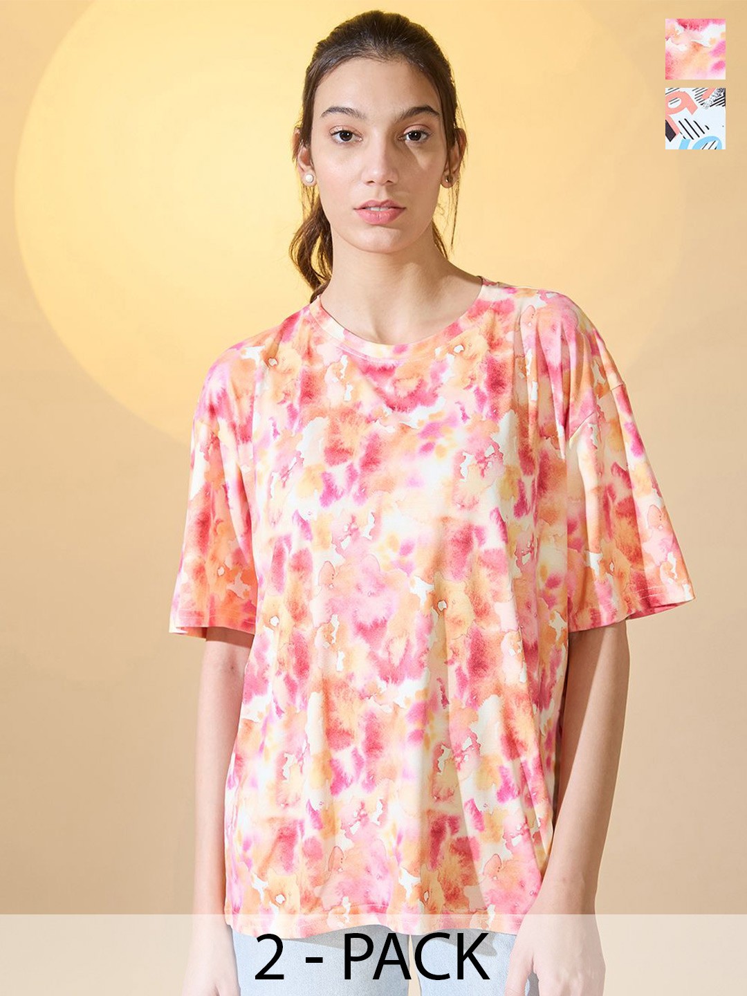 

DressBerry Women Pack Of 2 Tie And Dye And Varsity Printed Oversized T-shirt, Multi