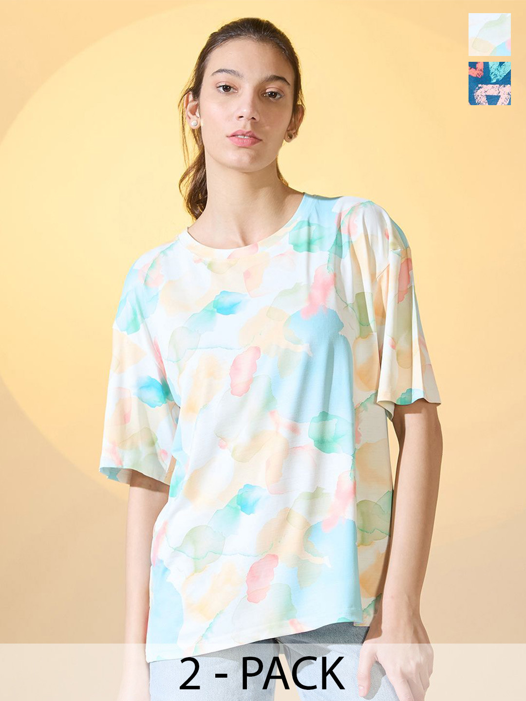 

DressBerry Women Pack Of 2 Geometric And Tie And Dye Printed Oversized T-shirt, Multi