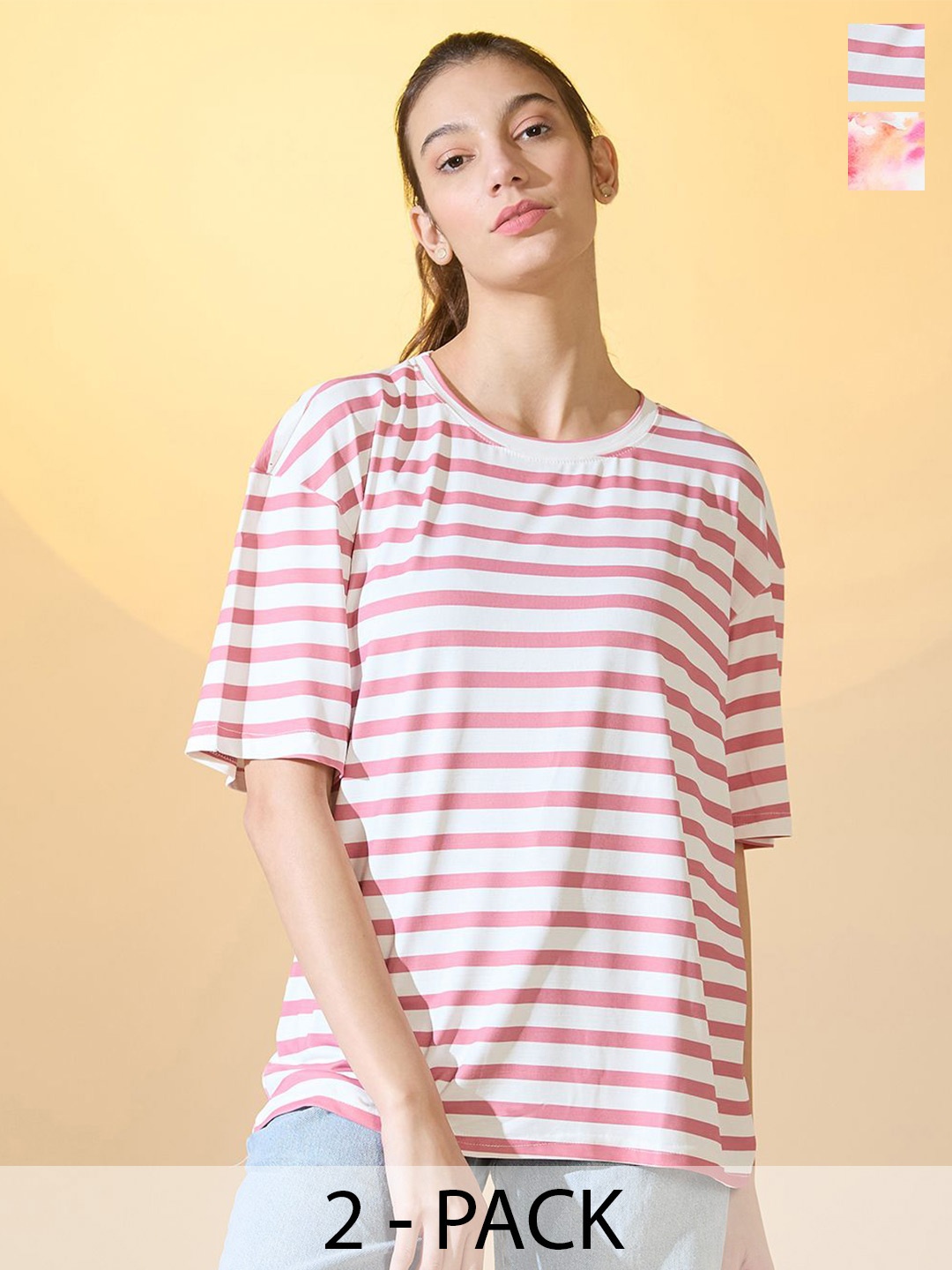 

DressBerry Women Pack Of 2 Abstract And Striped Printed Oversized T-shirt, White