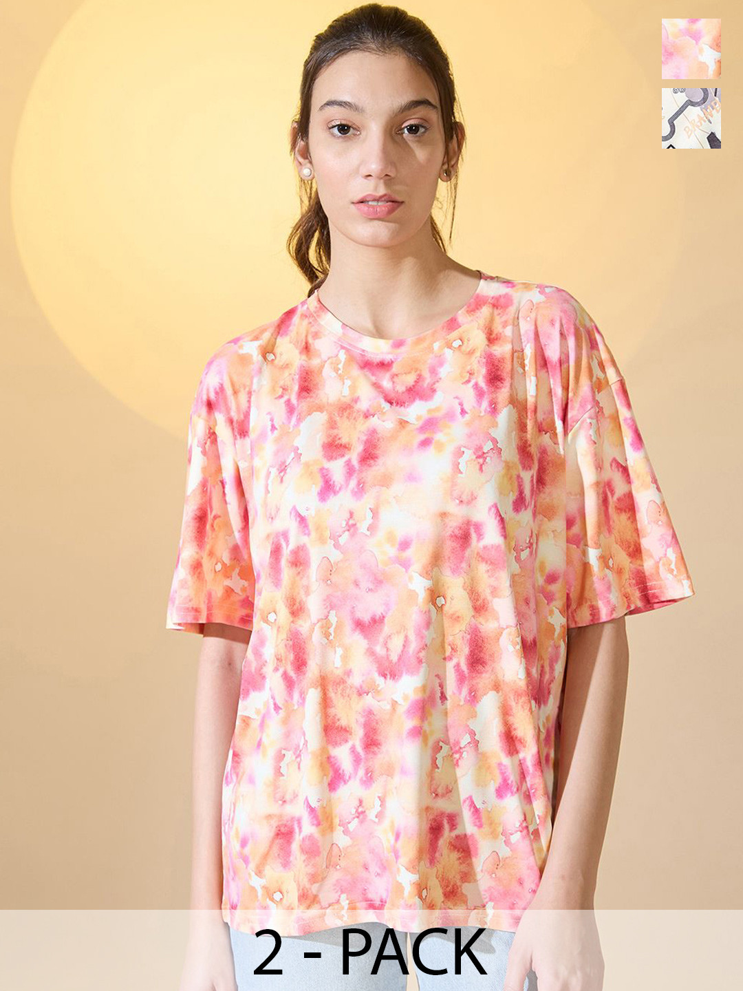 

DressBerry Women Pack Of 2 Round Neck Printed Oversized T-shirts, Multi