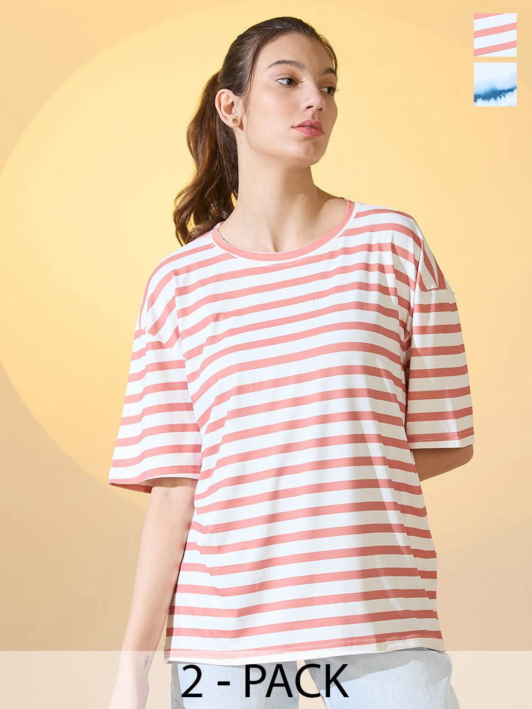 

DressBerry Women Pack Of 2 Tie and Dye Striped Printed Oversized T-shirt, Multi