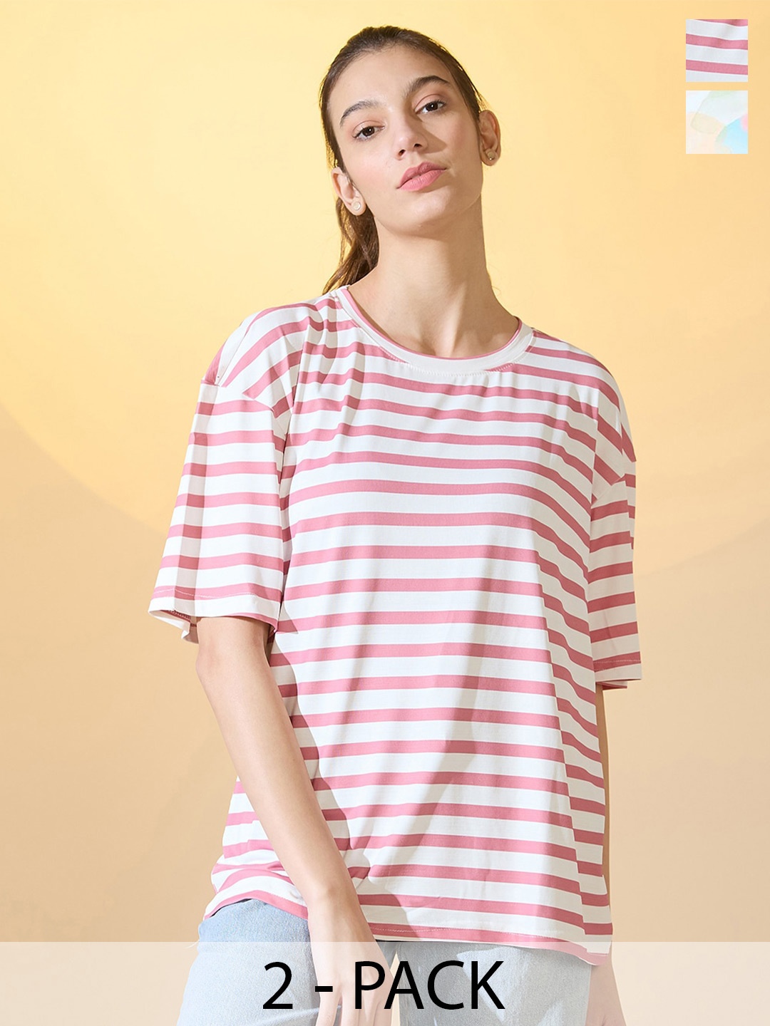 

DressBerry Women Pack Of 2 Abstract And Stripes Printed Oversized T-shirt, White